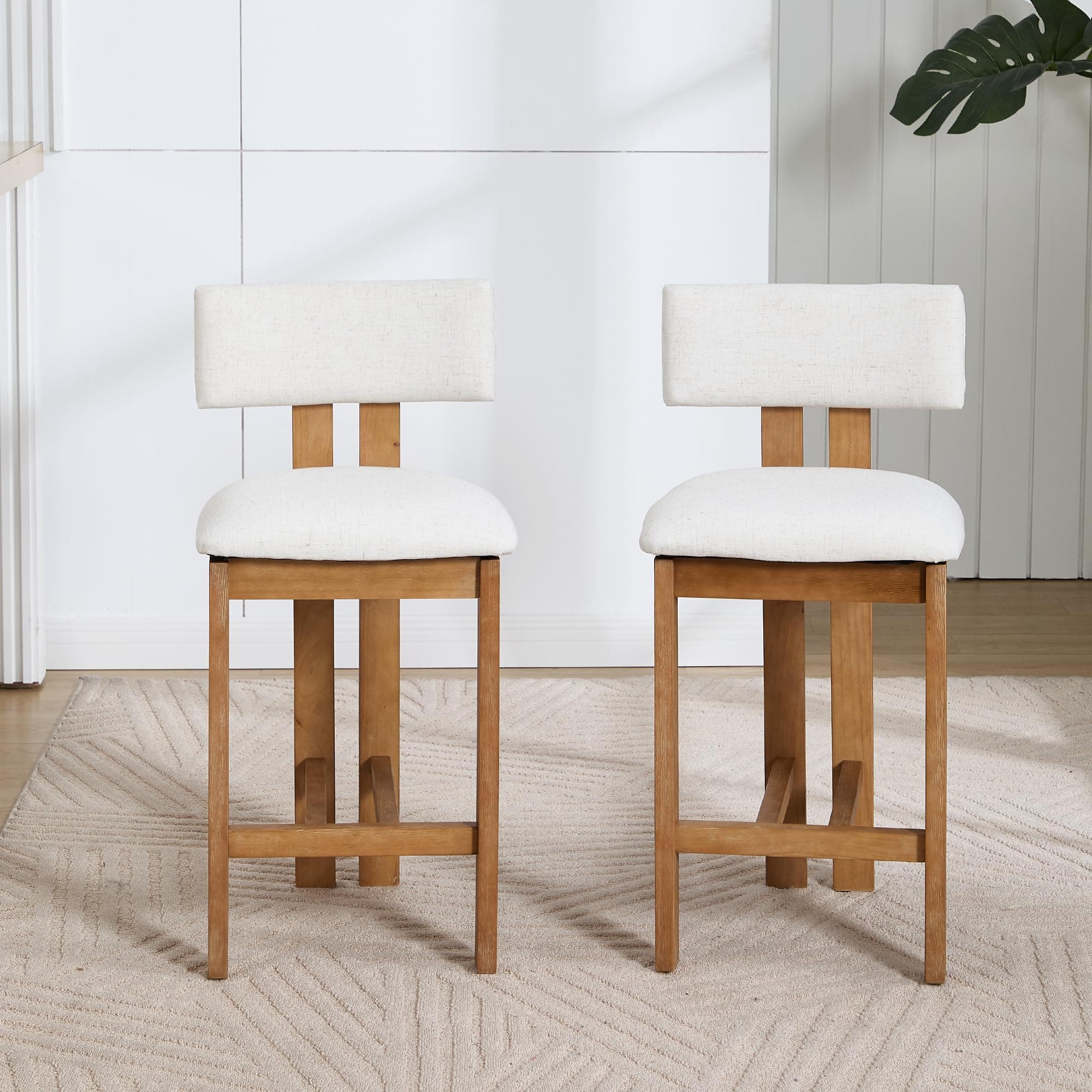 DM Furniture 26" Mid Century Modern Counter Bar Stools for Kitchen Island, Farmhouse Wooden Counter Height Barstools Set of 2 with Linen Fabric Curved Back for Patio/Home Bar/Balcony, Ivory