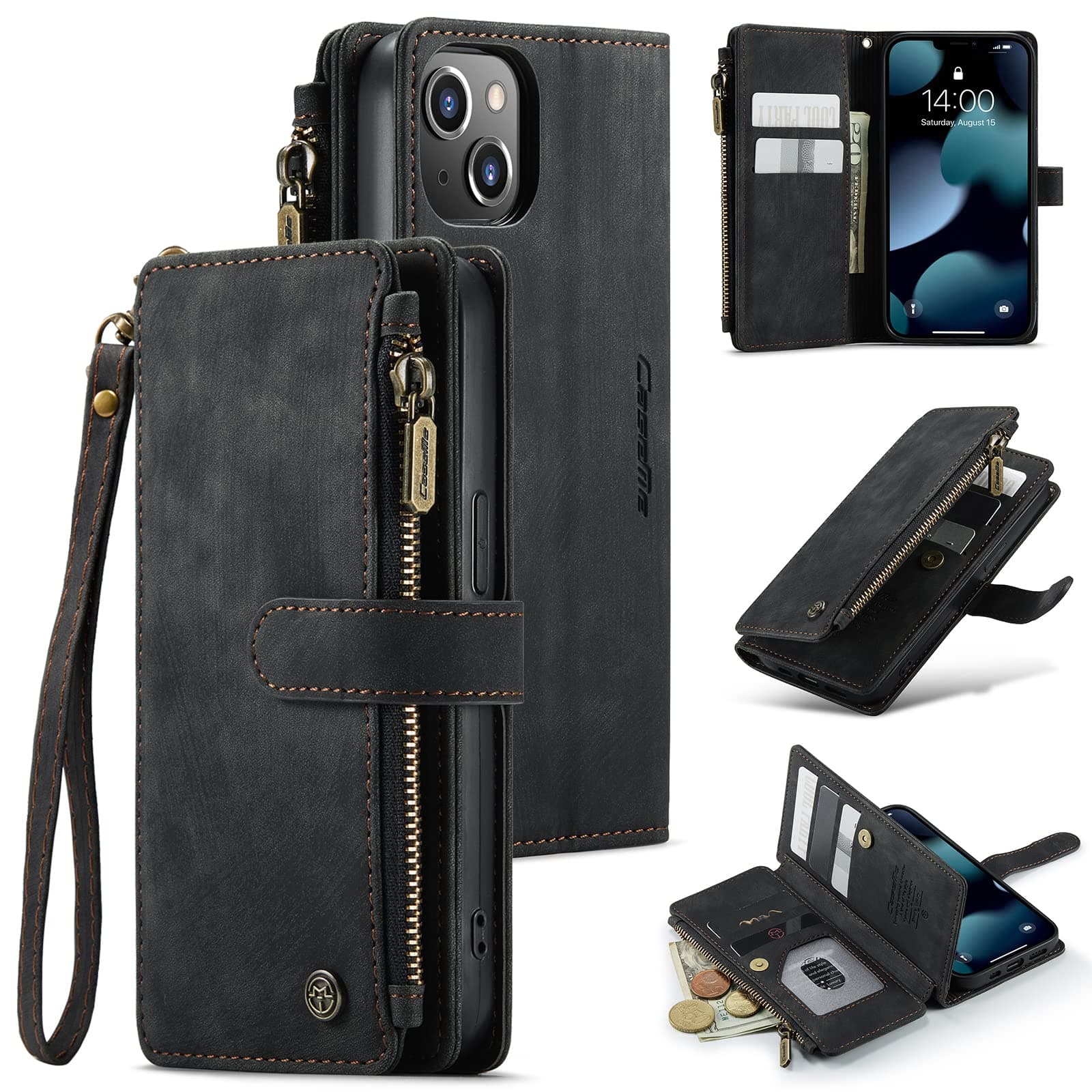 Lxisxcna iPhone 13 5G Wallet Case with Card Holder Kickstand Magnetic Zipper Pocket Lanyard Strap Wristlet,Leather Flip Case Wallet for iPhone 13 5G 6.1 Inch(Black)