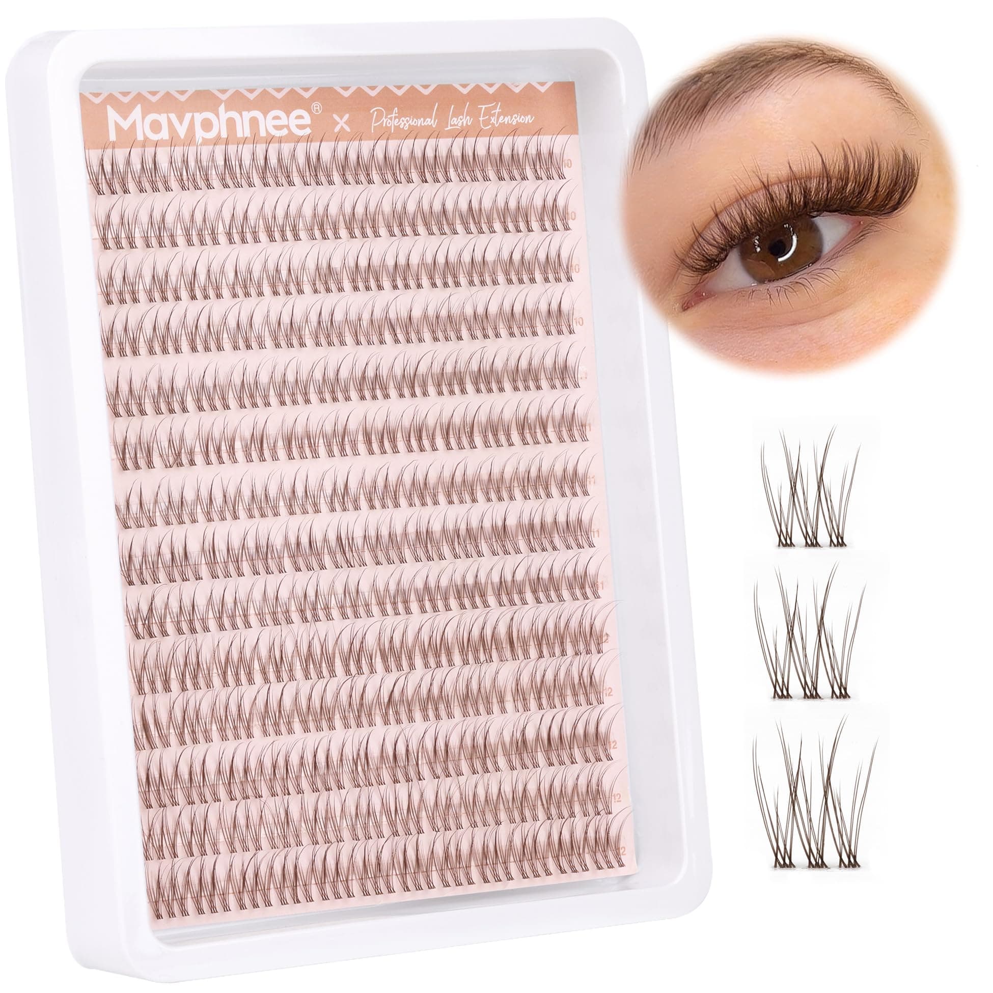 Mavphnee Brown Lash Clusters Natural Cluster Eyelash Extensions 10-12MM Short C-Curly Lash Extension Individuals 168 Pcs DIY Self Application Lash Extension Clusters for Beginners