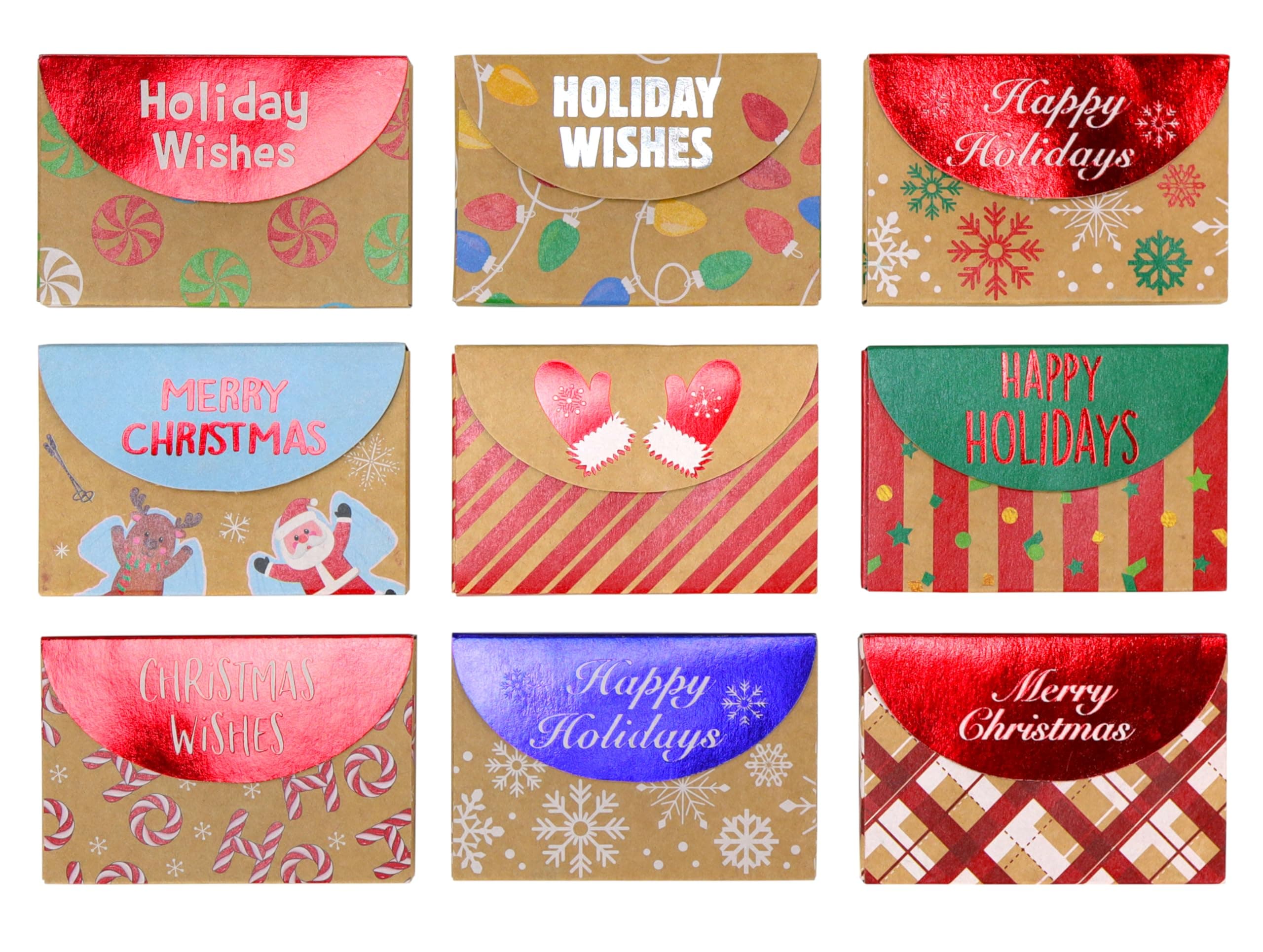Iconikal Christmas Holiday Foil Embossed Kraft Gift Card Holder Boxes, Set of 9