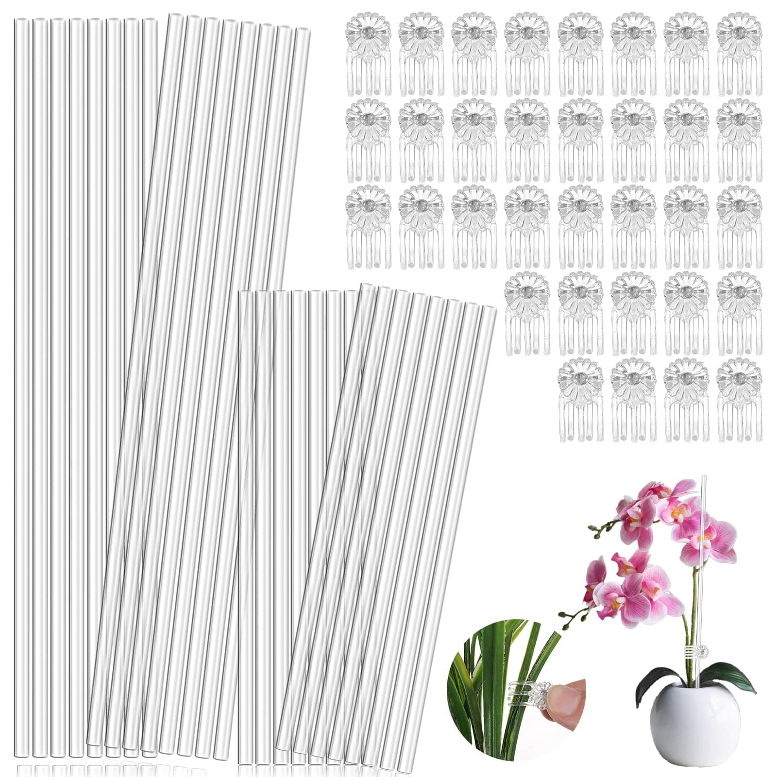 MAQUITA 60 Pcs Clear Acrylic Plant Support Stakes with 60 Clips 15.8 & 11 Inch Reusable Plant Holder Stick Garden Stakes for Indoor Outdoor Potted Plants, Orchids, Tomatoes, Flowers