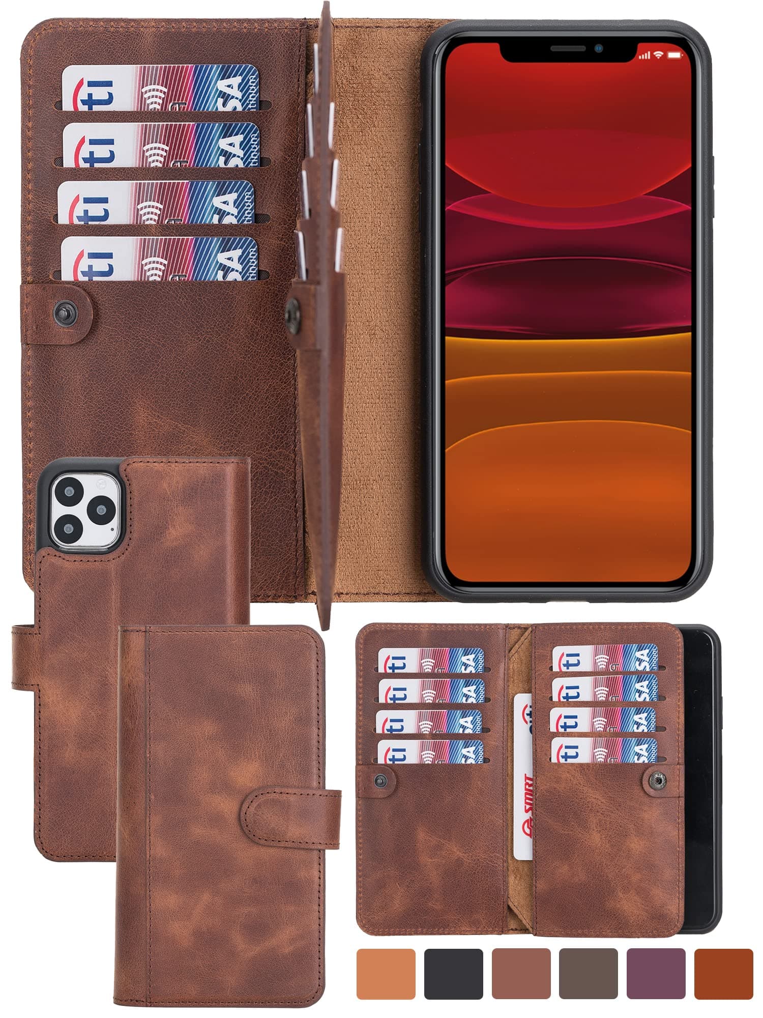 HARDISTON Genuine Premium Leather Handmade Wallet Case for iPhone 7 Plus / 8 Plus Double Folio Card Holders - Detachable Magnetic Flip Cover - Horizontal Kickstand - Protection for All Edges (Brown)