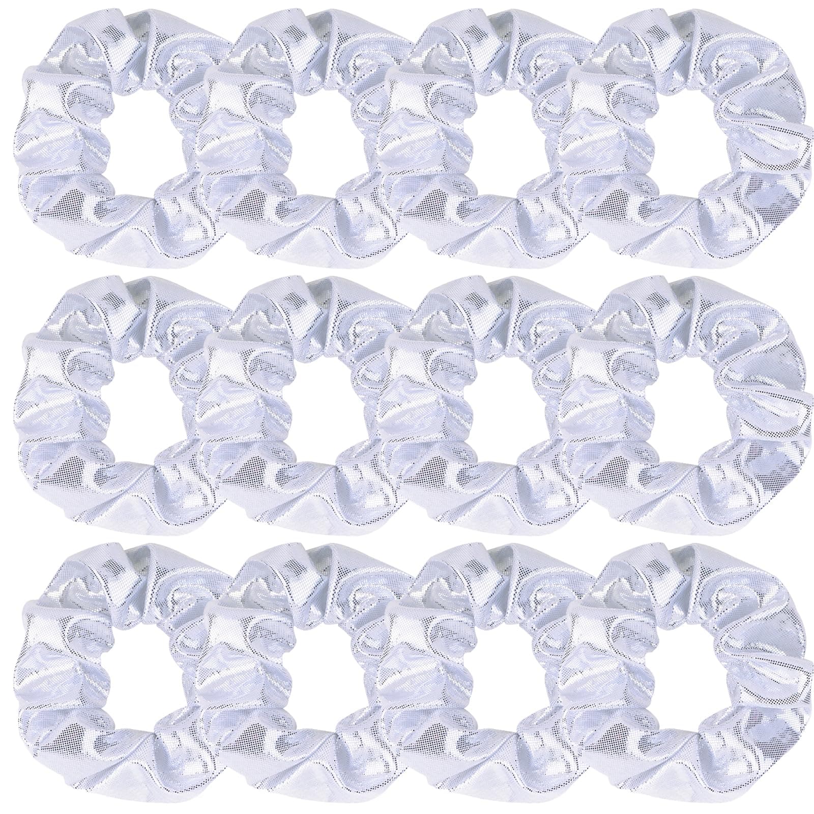 7 Pcs Shiny Metallic Cheer Dance Hair Scrunchies For Thick Hair School Performance/Sports/Practice/Party/Gymnastics Scrunchie Ponytail Holder Wrist for Girls Cosplay Show (Set of 12 White)