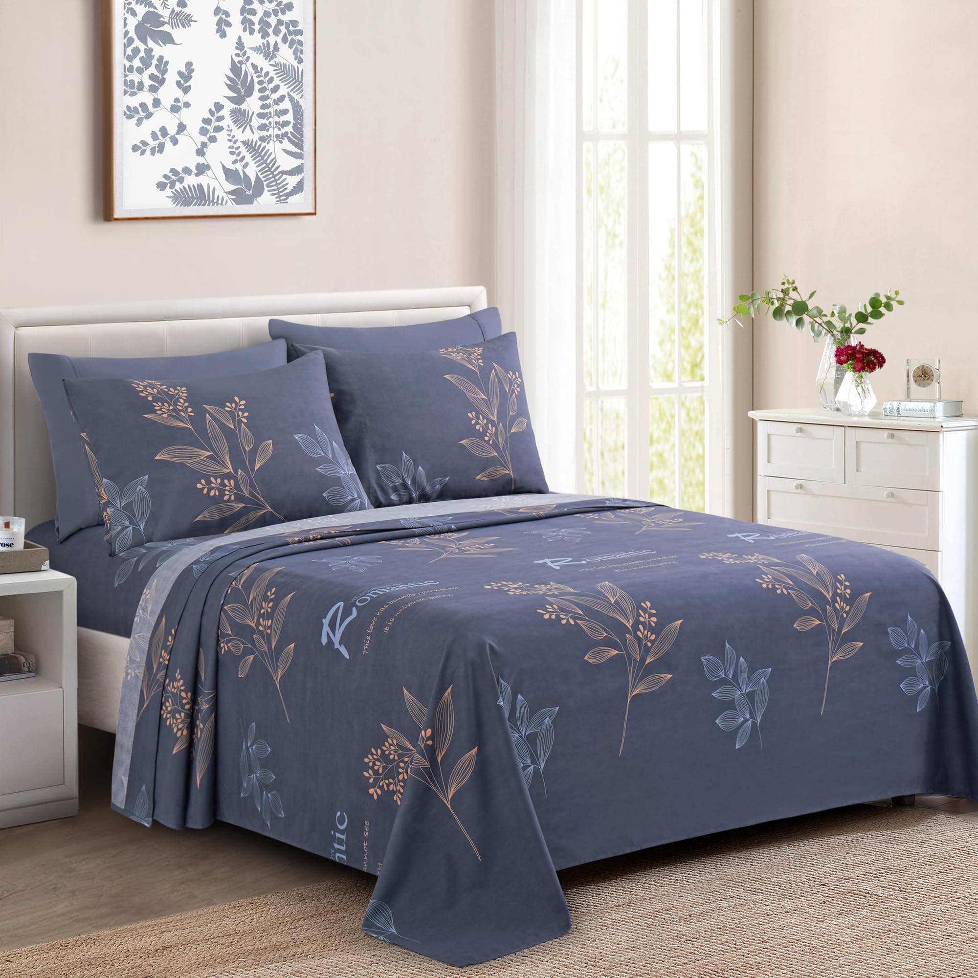 Marina Decoration Ultra Soft Silky Deep Pocket Rich Printed Bedding Rayon from Bamboo All Season 4 Pieces Sheet Set with 2 Pillowcases, Romantic Floral Pattern Twin/Single Size