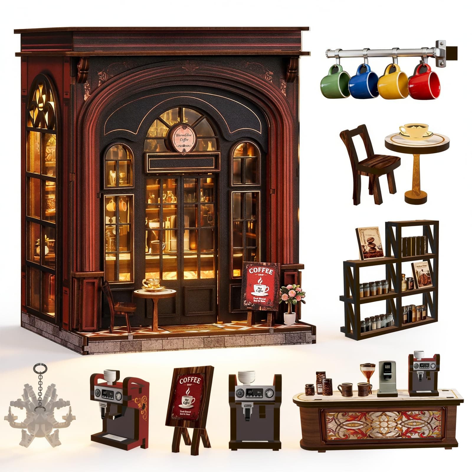 DIY Book Nook Kit, 3D Wooden Puzzle Miniature House with LED Light, Dollhouse Bookshelf Insert, Tiny House Model Building Kit, Unique Creative Gift for Adults and Teens (Warmglow Coffee)