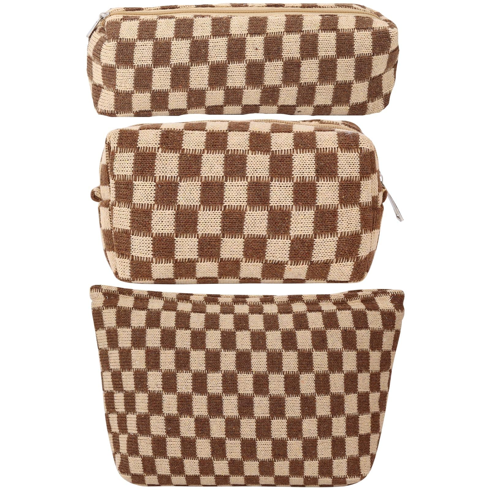 LYDZTION Makeup Bag Cosmetic Bag for Women,1Pcs Large Capacity Makeup Bags and 1Pcs Pencil Case Makeup Brushes Storage Bag Travel Toiletry Bag Organizer, 3pcs brown, Checkered Brown