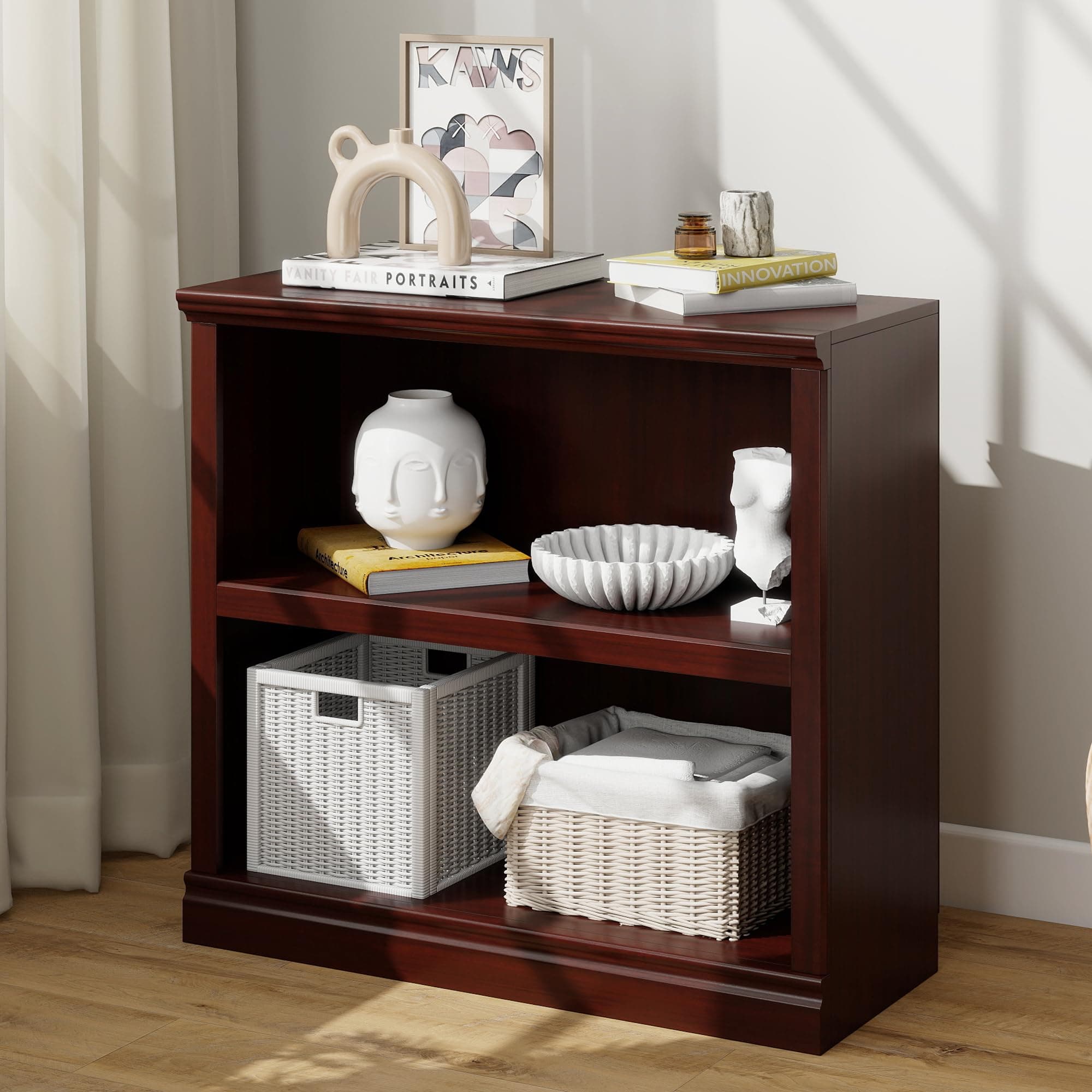 Bevfint 30" Bookcase, 2-Tier Mahogany Floor Standing Bookshelf,