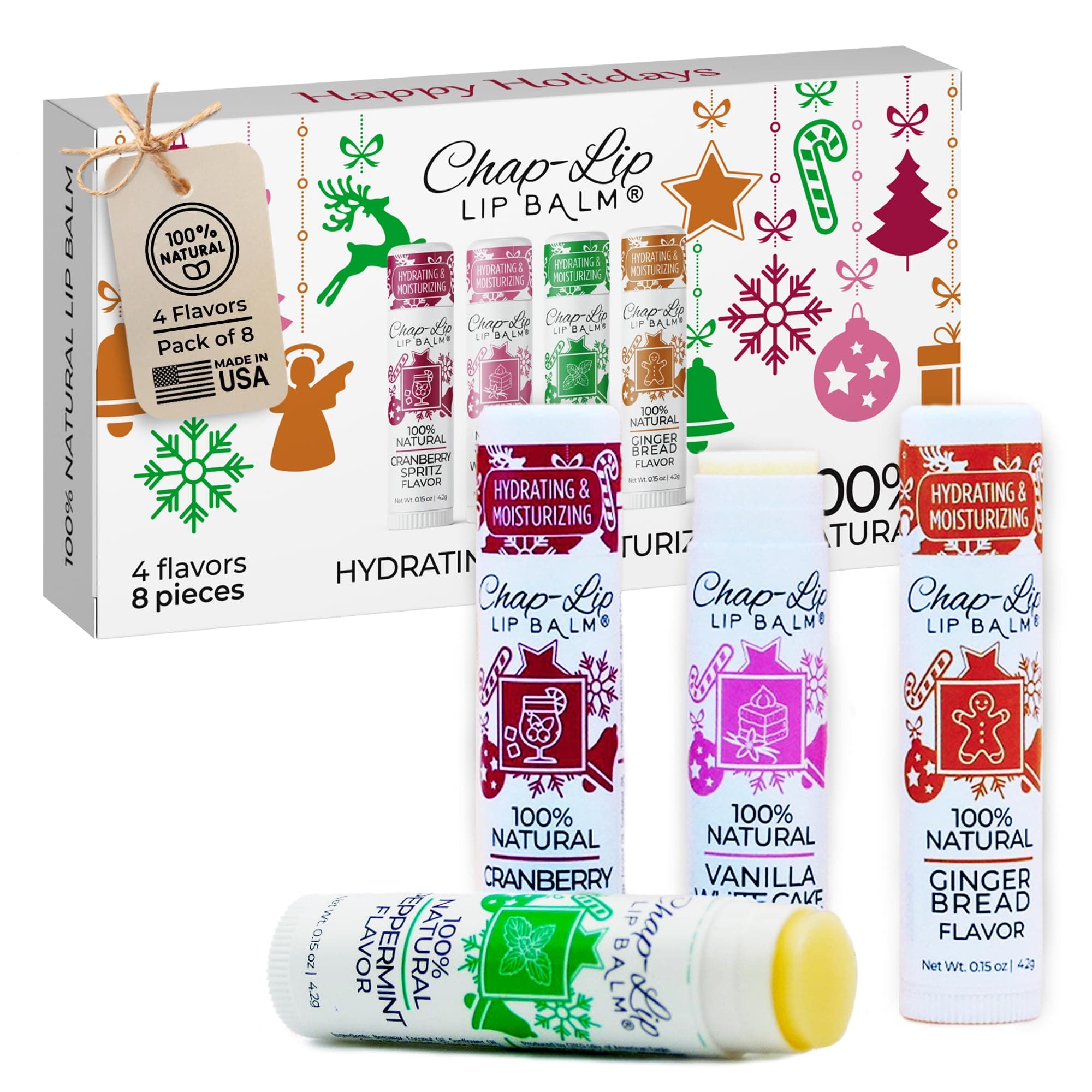 Chap-Lip 100% Natural Lip Balm Set - Beeswax Lip Balm Natural Christmas Gifts for Her - Ideal Gift for Women - Lip Moisturizer for Dry Lips, Cocoa Butter Lip Balm - Petroleum Free Lip Balm Pack of 8