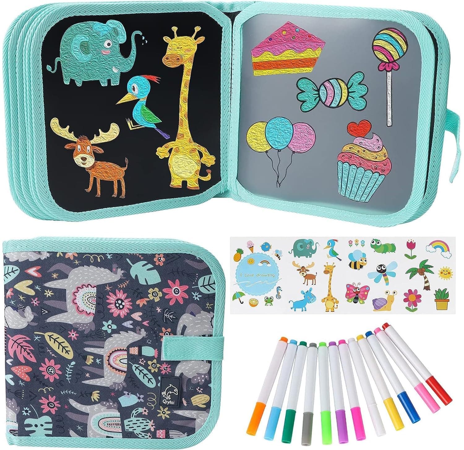 Qrytoi Erasable Book Doodle Set for Kids, Reusable Magic Drawing Book for Kids with 12 Watercolor Pens 14 Page Drawing, Road Trip Car Game Writing Painting Set for Boys and Girls (Sheep)