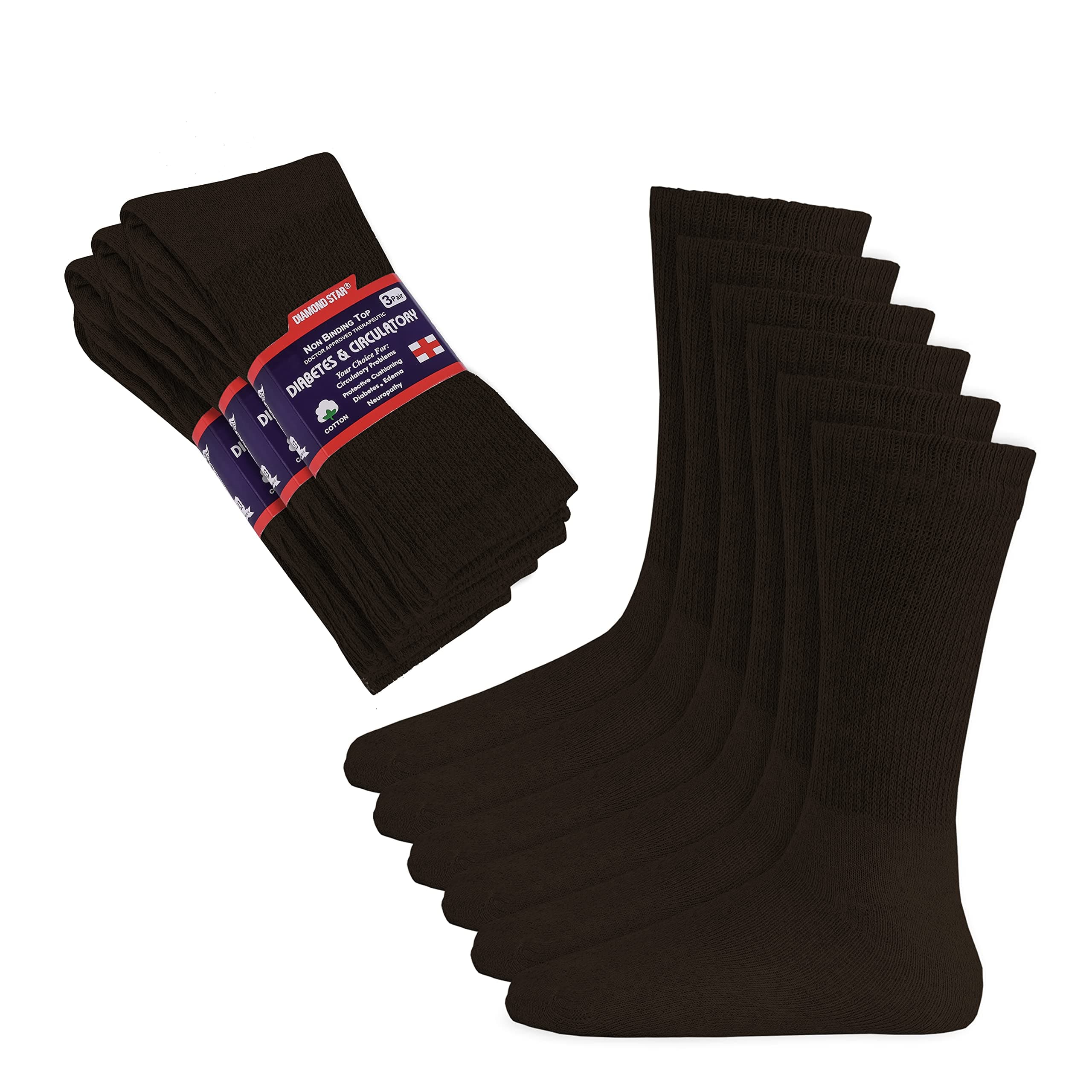 Diabetic Socks, Non-Binding Extra Wide Doctor Approved Cotton Socks for Men’s Women’s Big & Tall Size 13-15 Pack 12 Pairs, 12 Pairs Brown Crew, 13-15