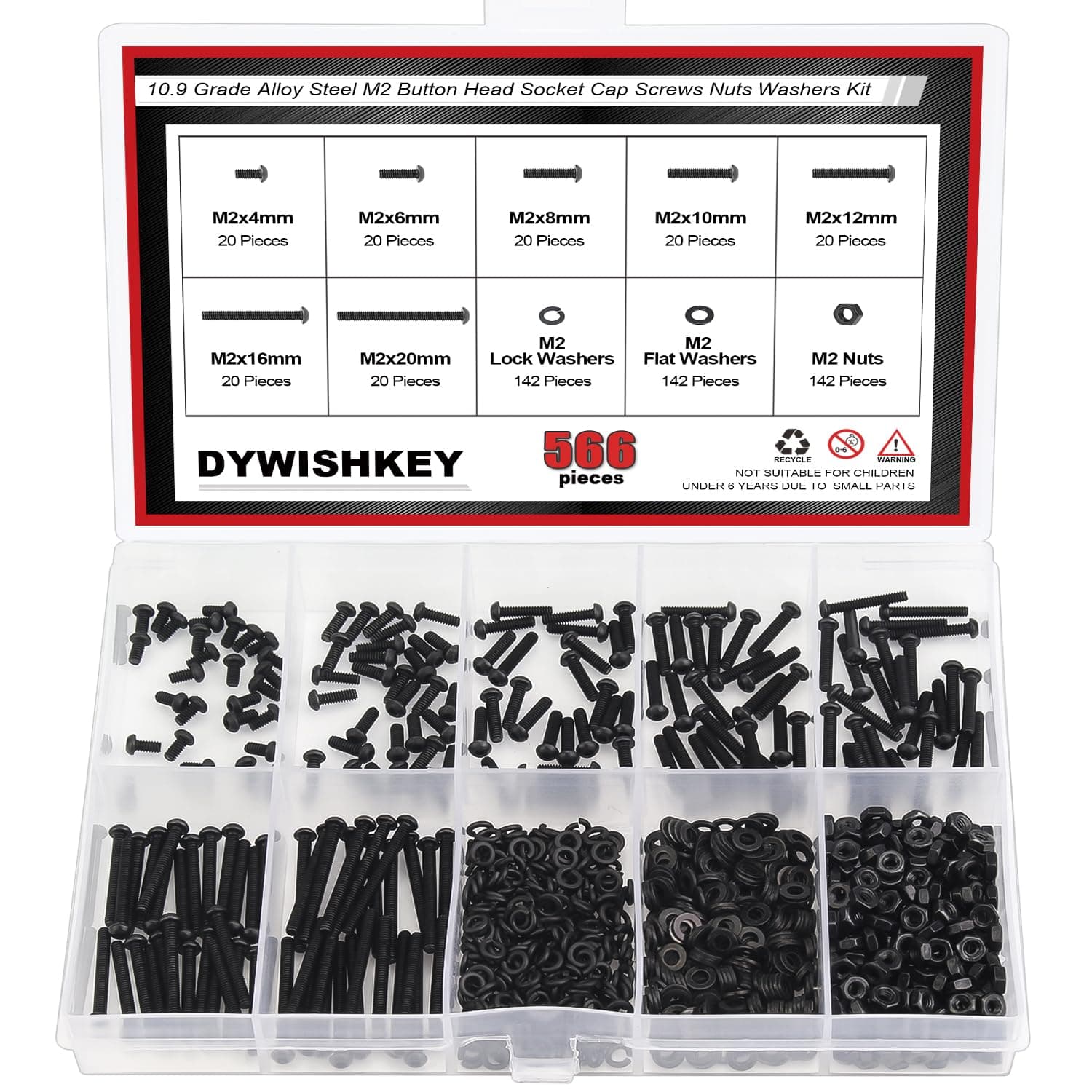 DYWISHKEY - M2 Screws 566 Pieces, 10.9 M2 Grade Alloy Steel M2 x 4/6/8/10/12/16/20mm Button Head Cap Screws, Nut and Washer Screws Assortment Kit