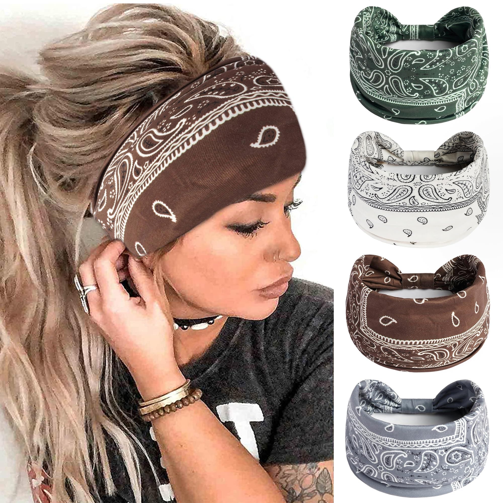 FULZTEY Cashew Print Headwrap Boho Wide Headbands for Women Workout 4Pcs