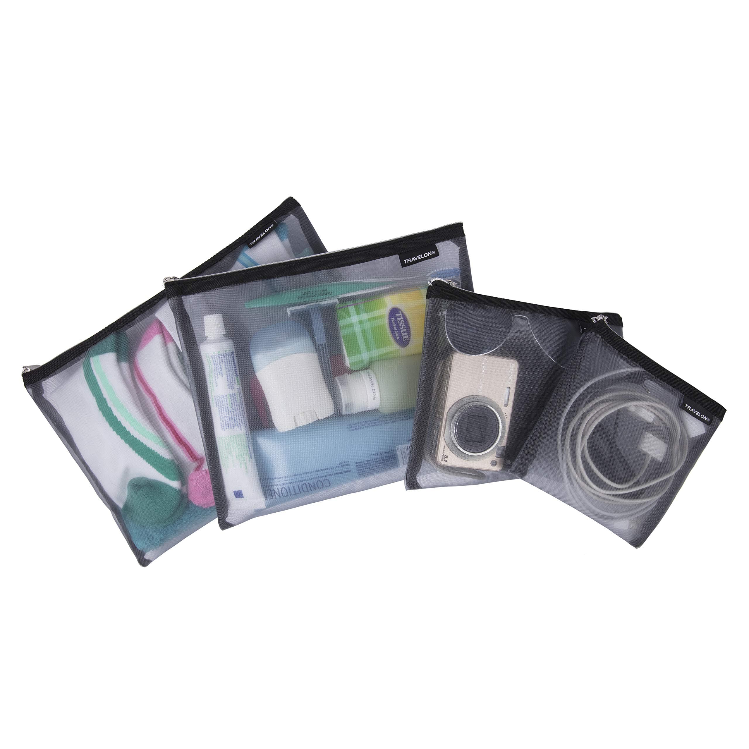 Travelon Set of 4 Mesh Pouches, Gray, 9.5 x 12.75 x 0.5, Travelon Set of 4 Mesh Pouches
