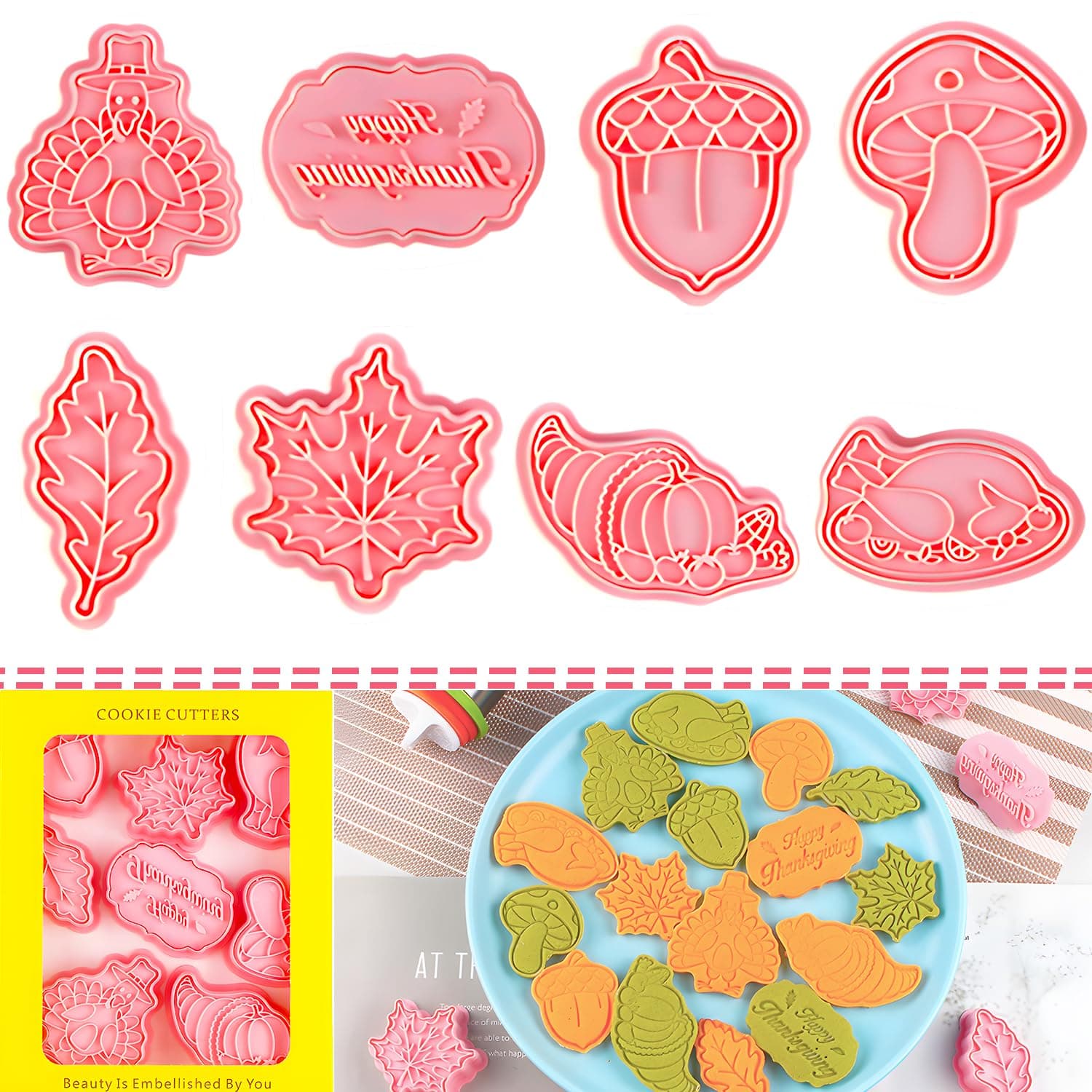 BESEK 8pcs Thanksgiving Cookie Cutters: Stamps Biscuit Baking Tools Embossing Cookie Molds