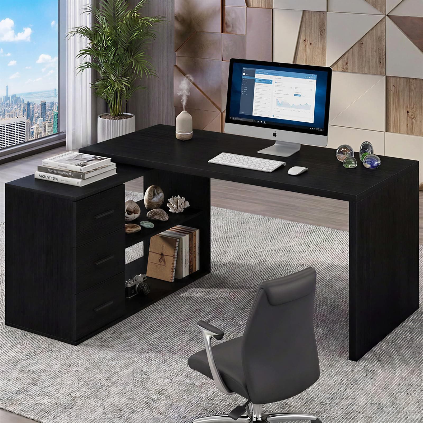 HSH Black L Desk with Drawers Shelves, Large Reversible L Shaped Desk with Storage Cabinet, Corner Home Office Computer Desk Workstation for Executive Writing Study, Bedroom Living Room Table, 60 Inch
