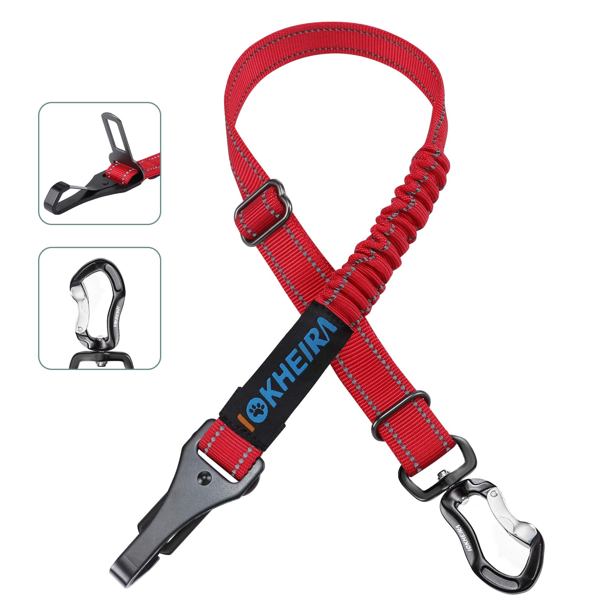 IOKHEIRA Dog Seatbelt, Updated Dog Seat Belt, Reflective Bungee Dog Car Harness, Multifunctional Pet Safety Belt with Hook Latch & Seatbelt Buckle, Swivel Aluminum Carabiner, Red