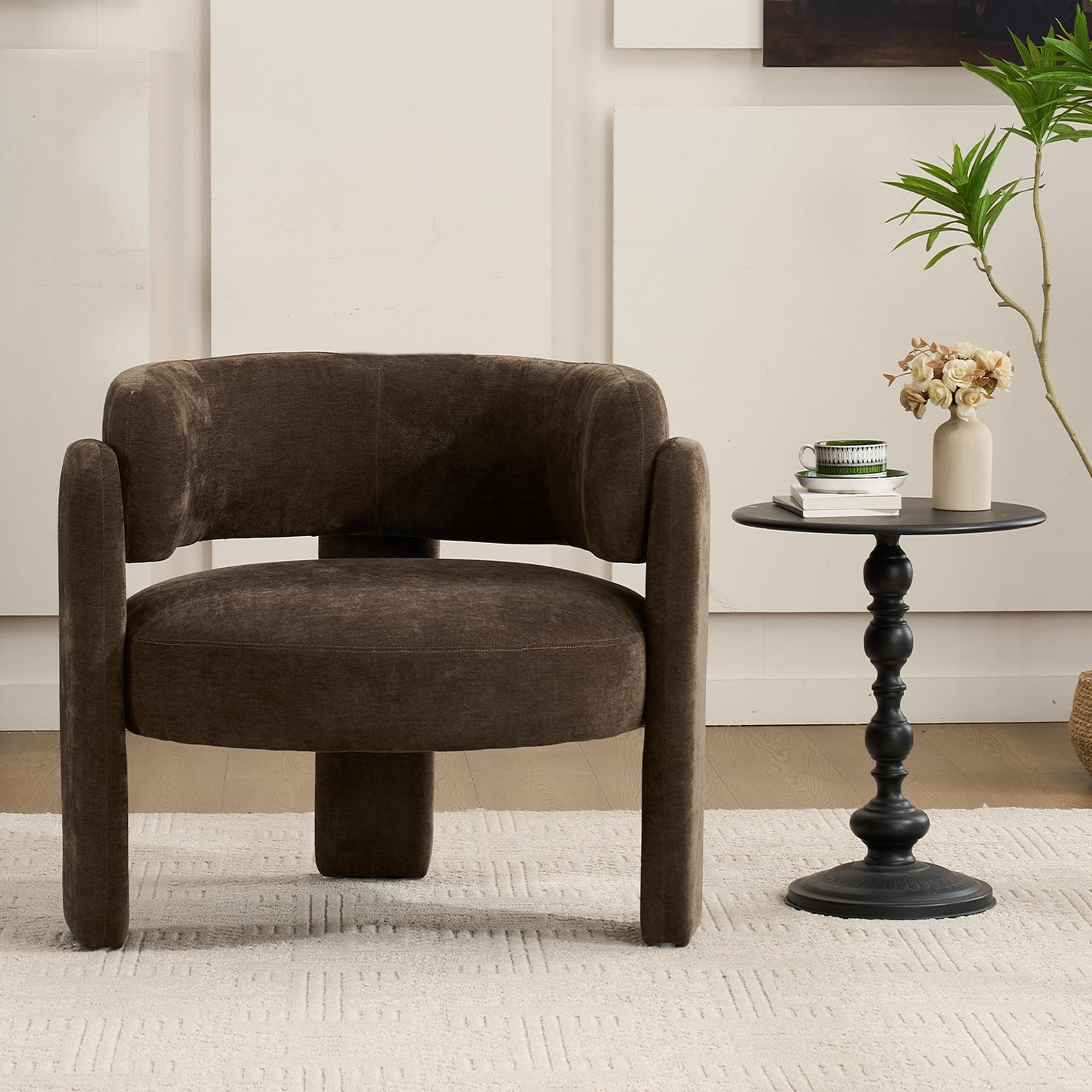 ENYLAY Modern Accent Barrel Chair,Mid Century Single Armchair with Curved Backrest Upholstered Side Reading Chair with 3 Legs Comfy Sherpa Chair for Bedroom Home Office Living Room (Brown)