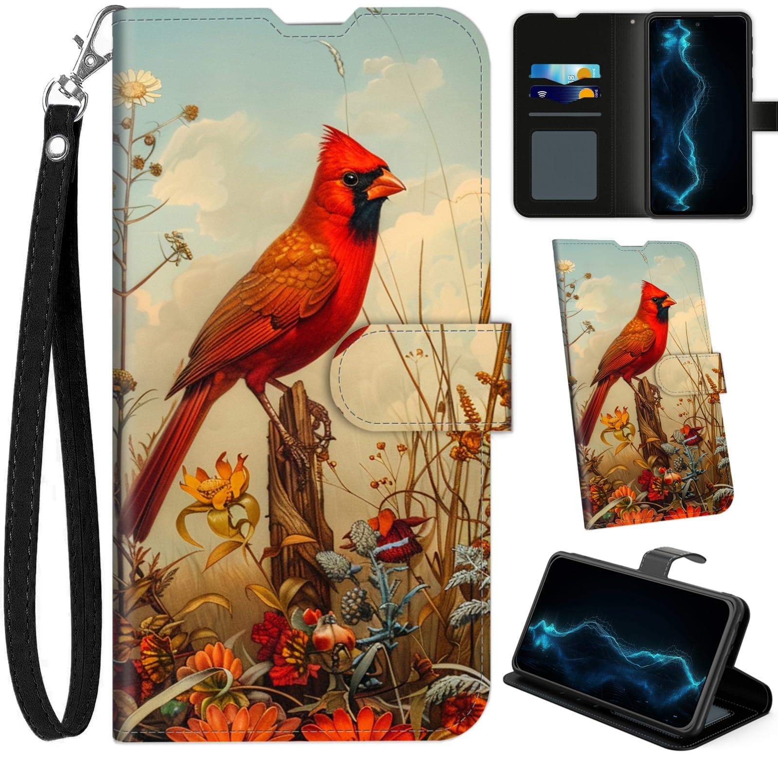 Wallet Case for Motorola Moto G Power 5G 2024 with Card Holder, RFID Blocking PU Leather Flip with Kickstand, Wrist Strap, Shockproof Protective Phone Cover for Women Men, Red Bird