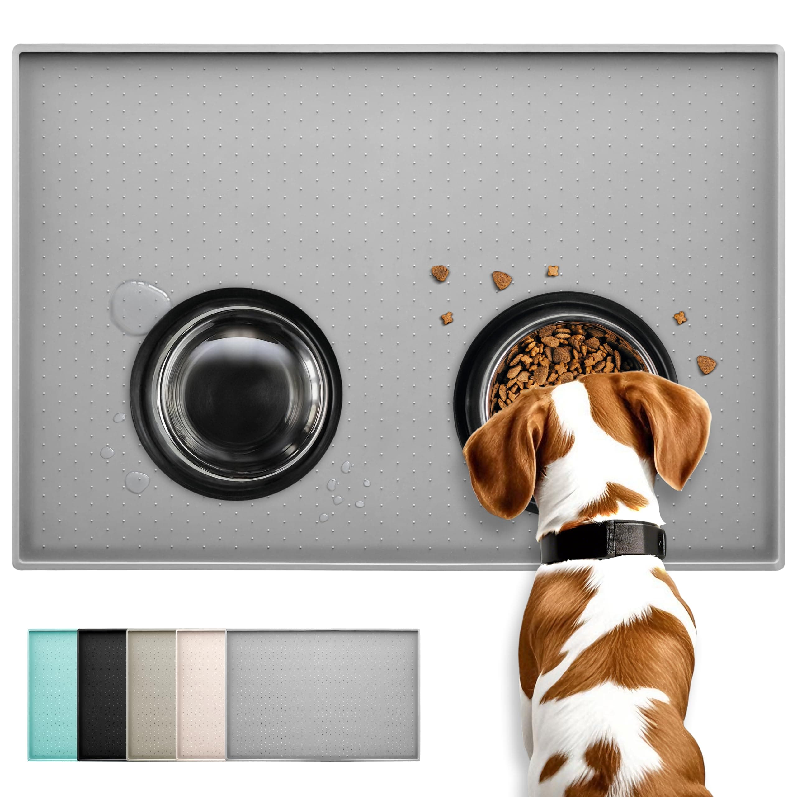 Conlun Silicone Pet Feeding Mat, 23"x 15" Rubber Dogs and Cats Bowl Mat, Anti-Slip, Waterproof, Raised Edge Avoid Water Spilling Out, Easy Clean in Dishwasher,Gray