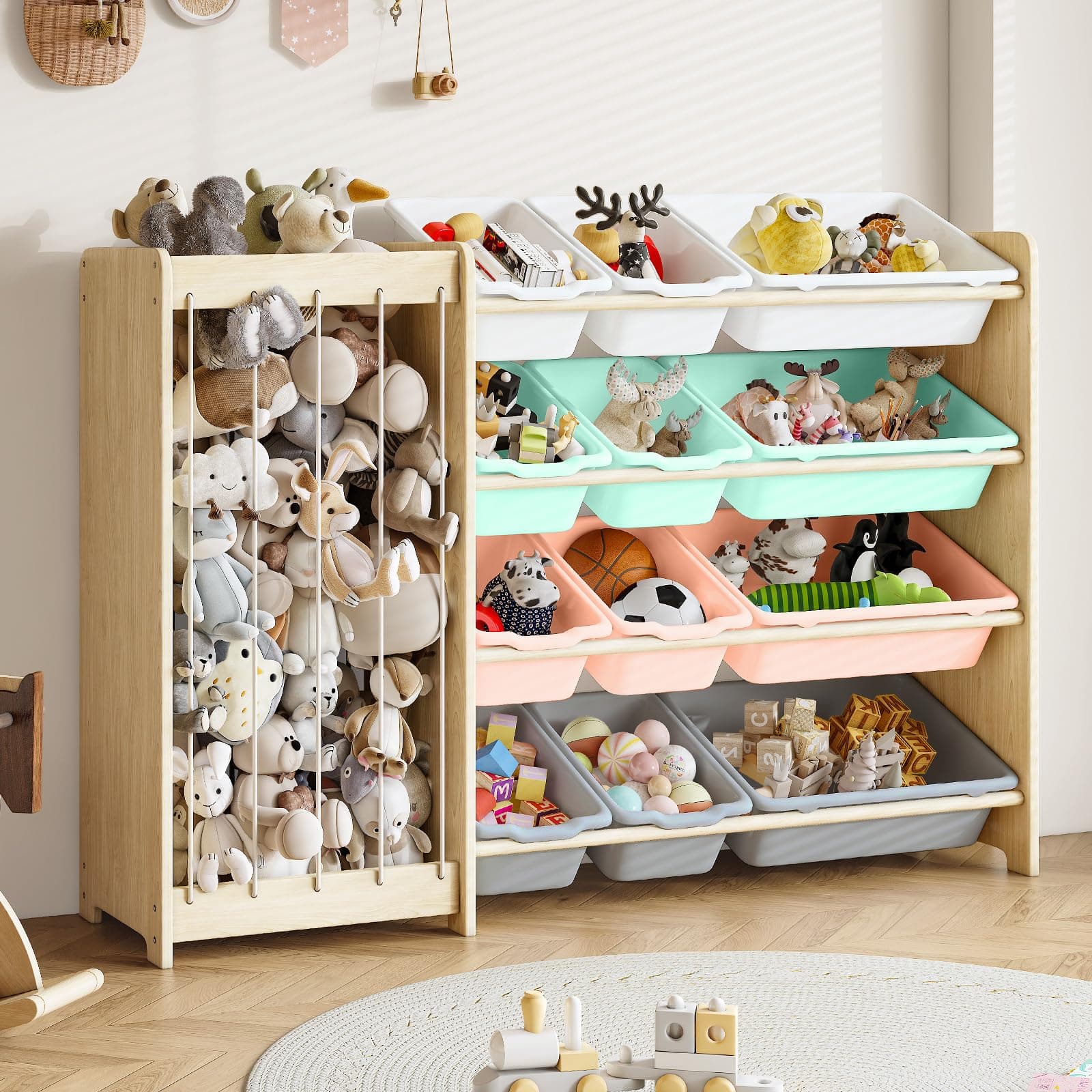 Kids Toy Storage Organizer, 2-in-1 Stuffed Animal Storage & Toy Organizer w/12 Storage Bins, Solid Wood Toy Rack Featuring Thicker Elastic Ropes to Hold Toys, Playroom Nursery Bedroom Storage, Multi