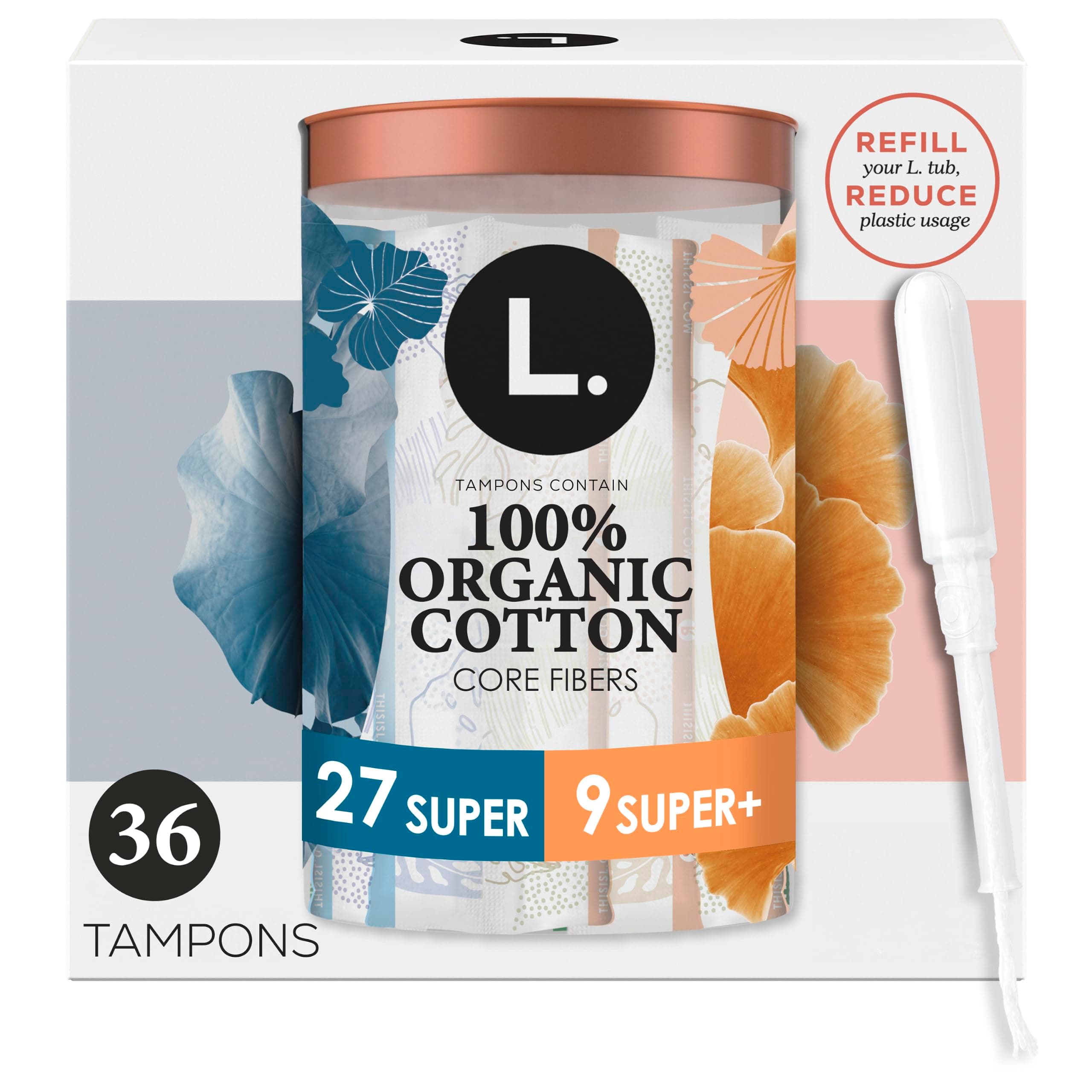 L. Tampons, Made with Organic Cotton, Super/Super Plus Absorbency, Multipack, Made Without Synthetic Pesticides, Rayon or Fragrances, Applicator Made Without BPA, Leak-Stopping Design, 36 Count