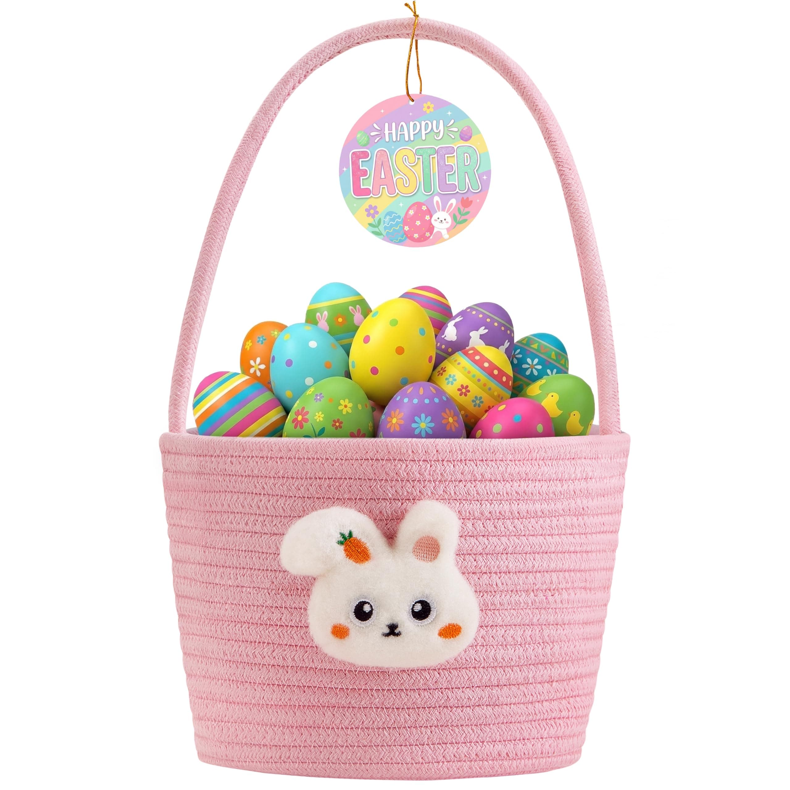 Yeeeasy Pink Cotton Rope Easter Basket for Kids, Adorable Plush Bunny Face Woven Egg Hunt Bucket with Handle, Soft First Easter Gift Tote Bag, Nursery Toy Storage Bin with Tag