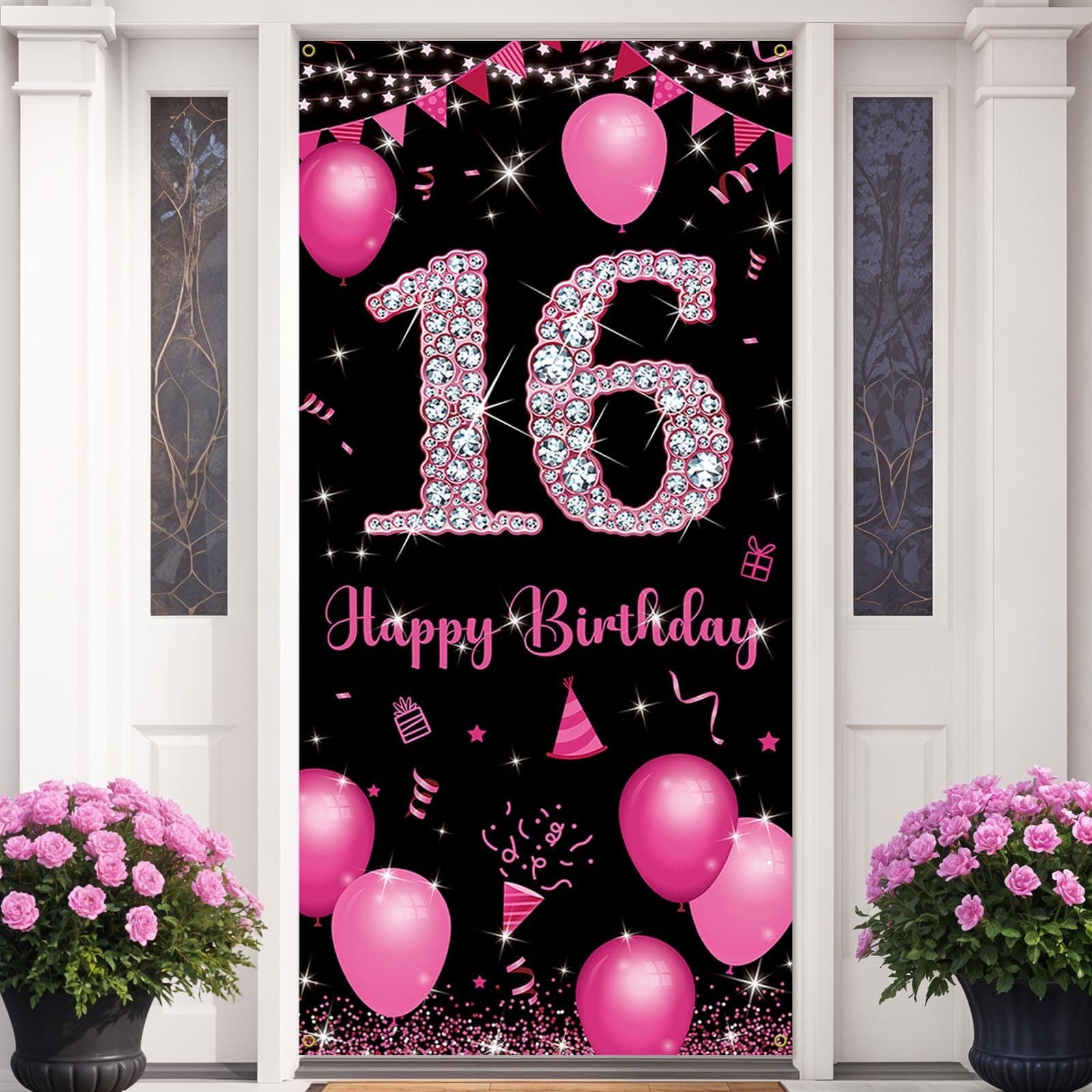 Vicycaty Fabric 16th Birthday Door Banner Decorations, Happy 16th Birthday Decorations for Girls, Hot Pink 16 Year Old Birthday Party Background, Yard Sign, Photo Props Decor Supplies Outdoor Indoor