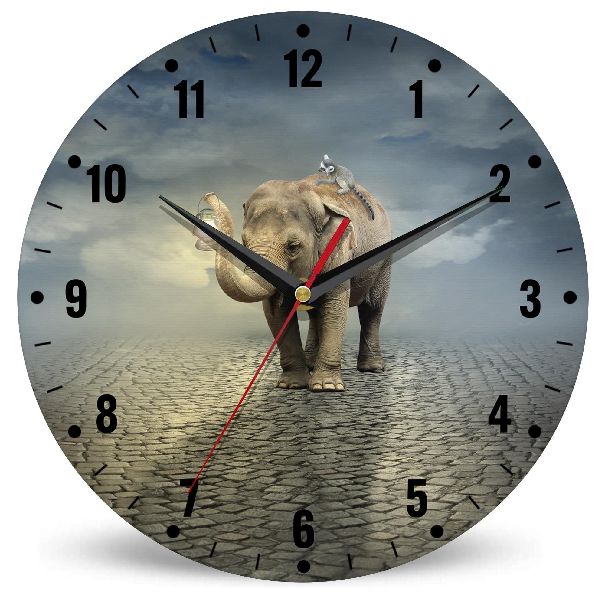 SPUNKER Wall Clock,Elephant Wall Clocks,African Animals Lantern Battery Operated Wall Clock Silent Non-Ticking Decorative for Home Kitchen Bathroom Living Room Bedroom Office 10 Inch