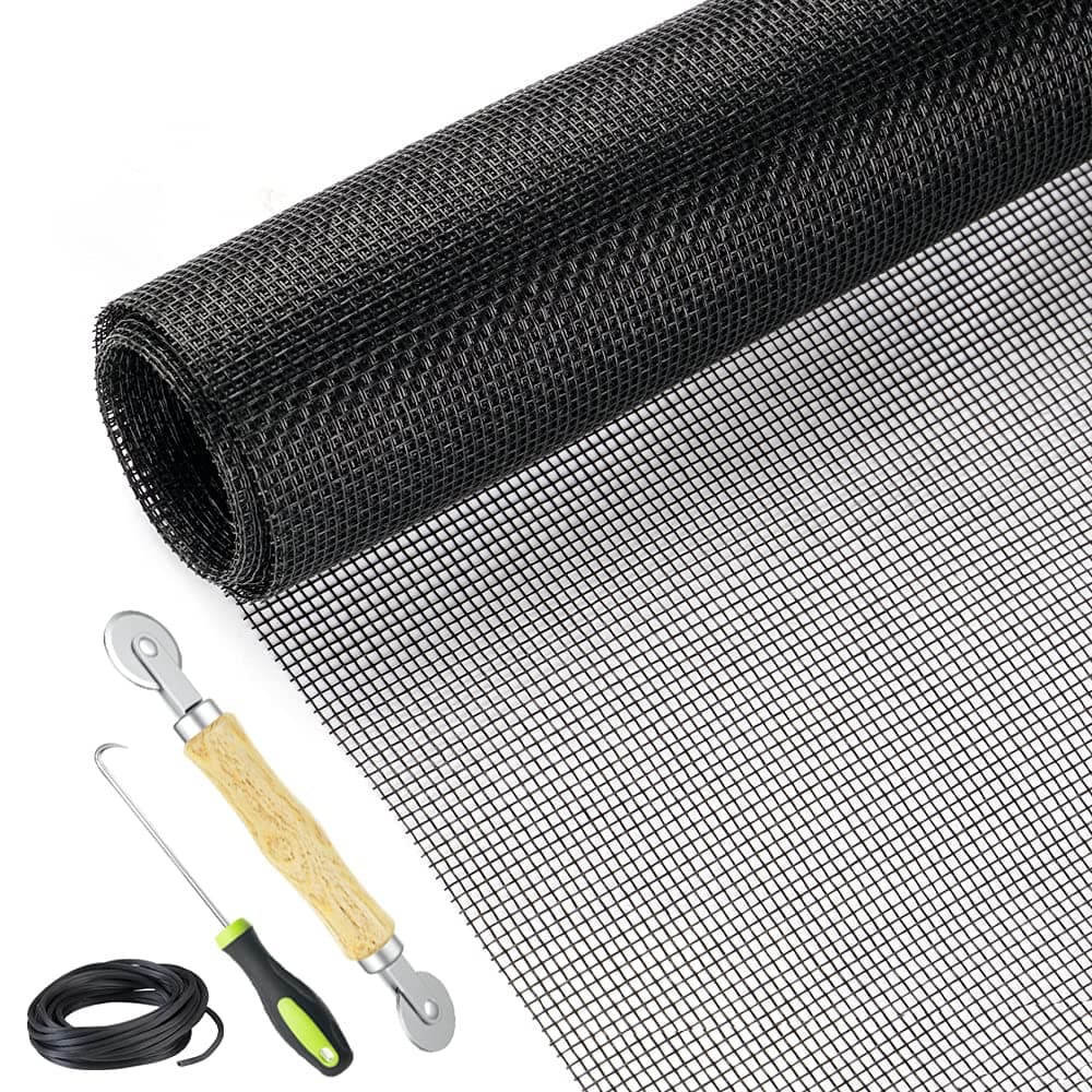 Screen Repair Kit Easy DIY Project 48" x 110" Fiberglass Screen Mesh with Rolling Tool and Screen Retainer Spline Screen Replacement kit for Windows Sliding Doors and Patio Screens(Black)