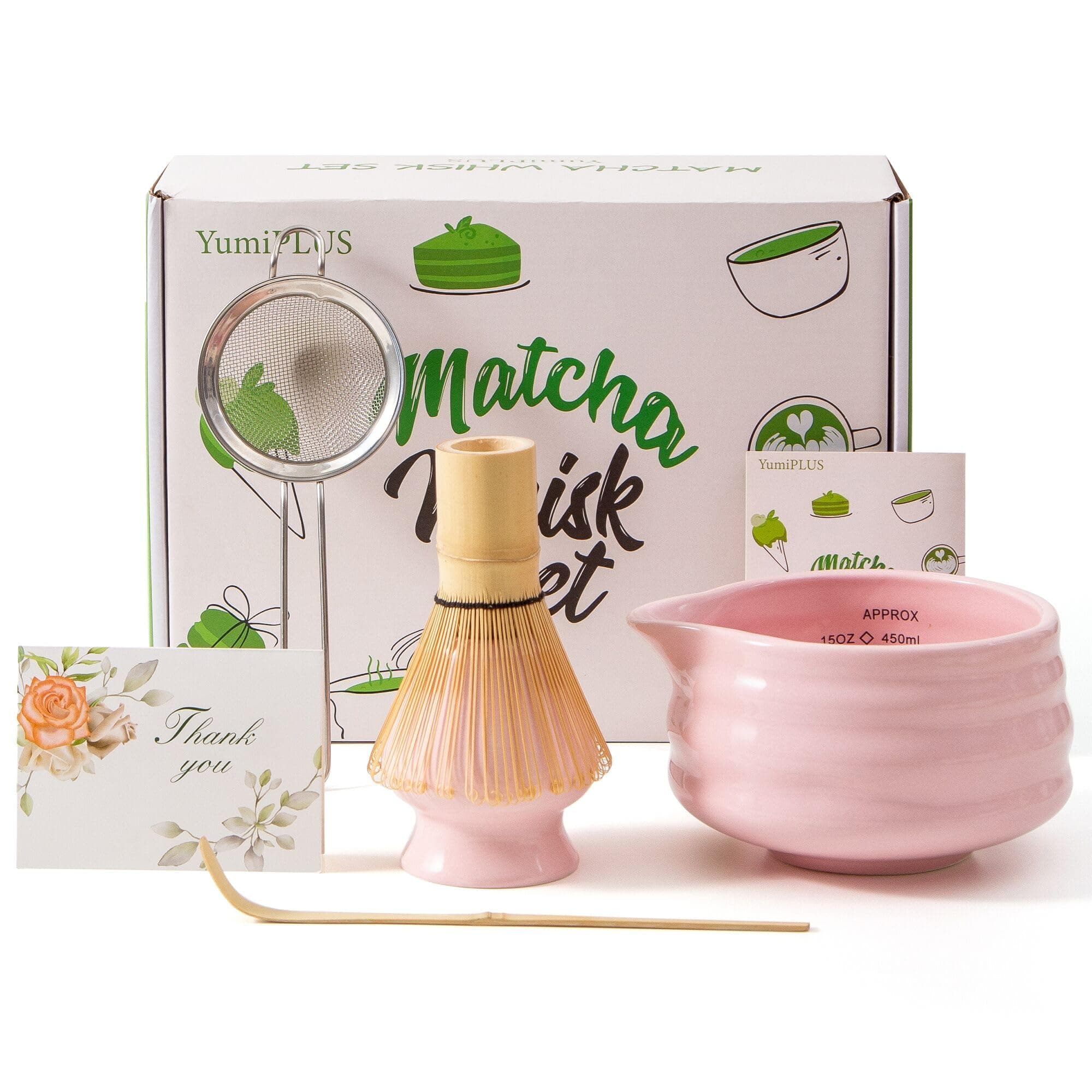 YumiPLUS 5pcs Premium Matcha Set,Ceramic Bowl with Spout and Bamboo Whisk set, Ceremonical Matcha Kit for breakfast/latte,Tea Starter Making Kit,Unique Matcha Gift set (pink)