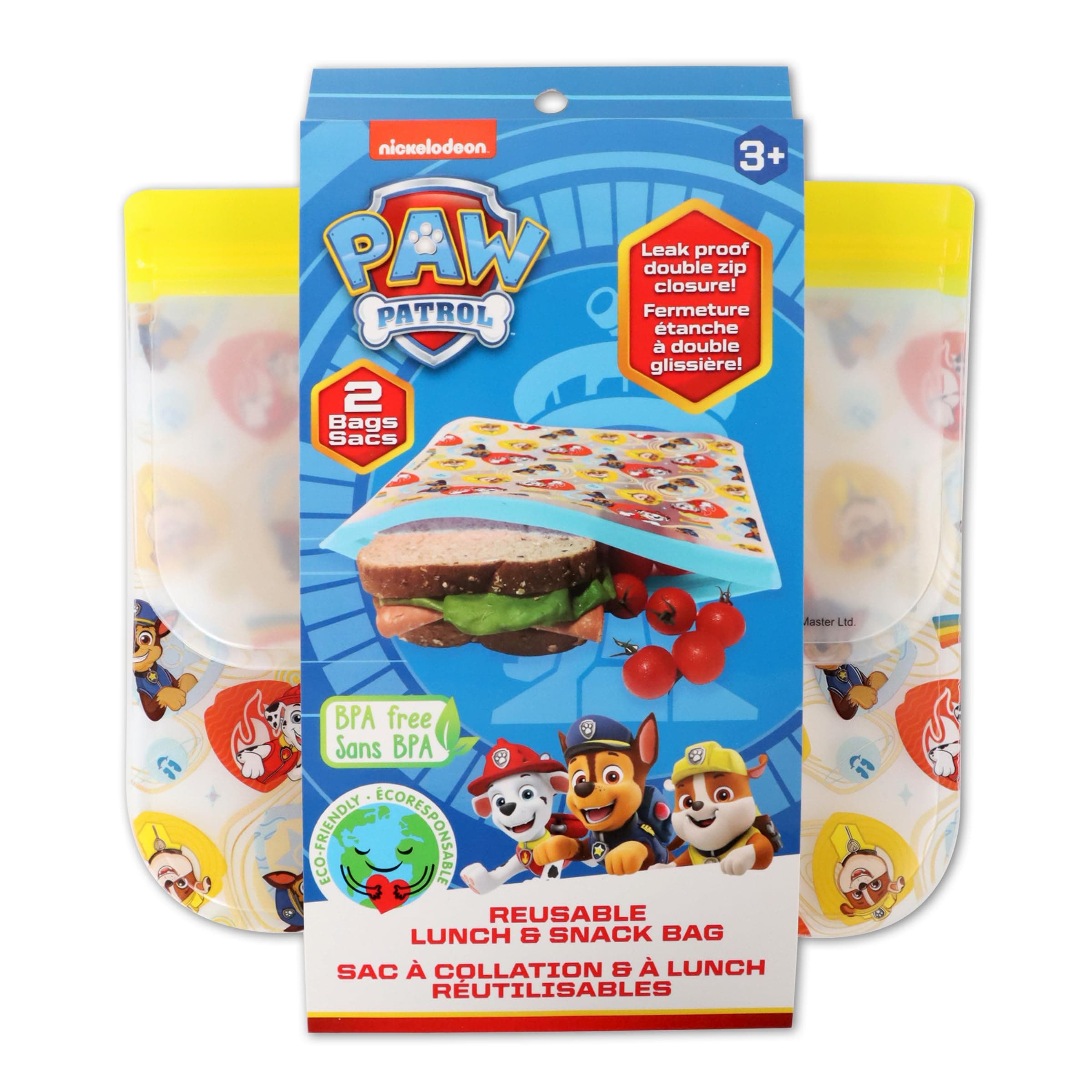 PEVA REUSABLE SNACK BAG 2 PK, FOR KIDS SCHOOL LUNCH, WASHABLE AND FOOD-SAFE- PAW PATROL