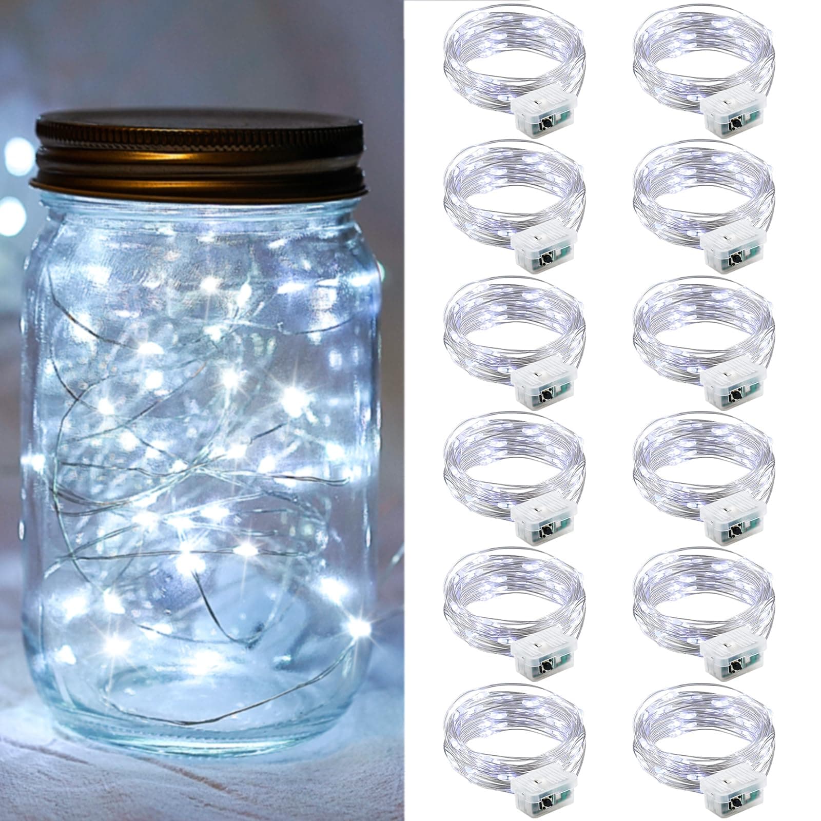 chzk 12 Pack Fairy Lights Battery Operated 7FT 20 LED Mini String Lights with 3 Lighting Modes Waterproof Twinkle Lights for Easter Halloween Christmas Mason Jars Party Decor(White)