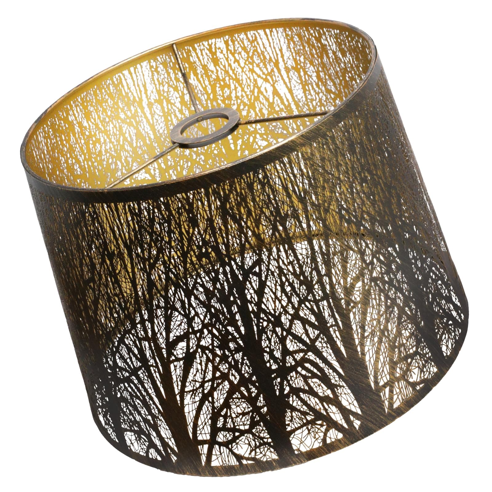 Vintage Drum Metal Lampshade, Forest Tree Pattern, 12W x14D x10H inches, Antique Copper with Gold Interior, lron Cover Lamp Shade for Table Lamps, Floor Lamps, Pendant Light Home Decor Spider Fitter