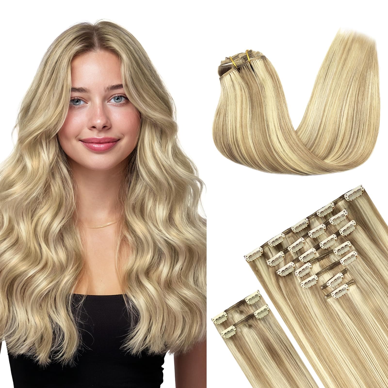MAXITA Hair Extensions Clip in Real Human Hair, Balayage Light Blonde Highlighted Golden Blonde 9pcs 18 Inch Hair Extensions, 150g Thick Straight Remy Human Hair Extensions Long Human Hair Extensions
