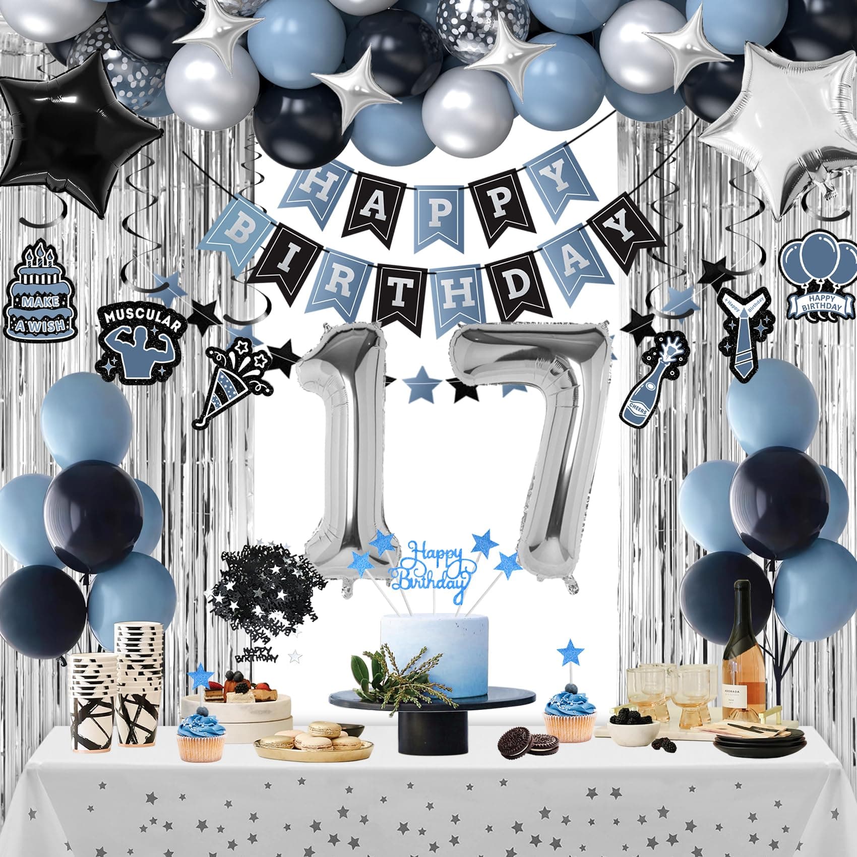 17th Birthday Decorations, Dusty Blue 17 Birthday Decorations for Boys Girls, Blue Sliver Black Birthday Party Decor with Happy Birthday Banner, Number Balloons, Foil Balloons, Swirl