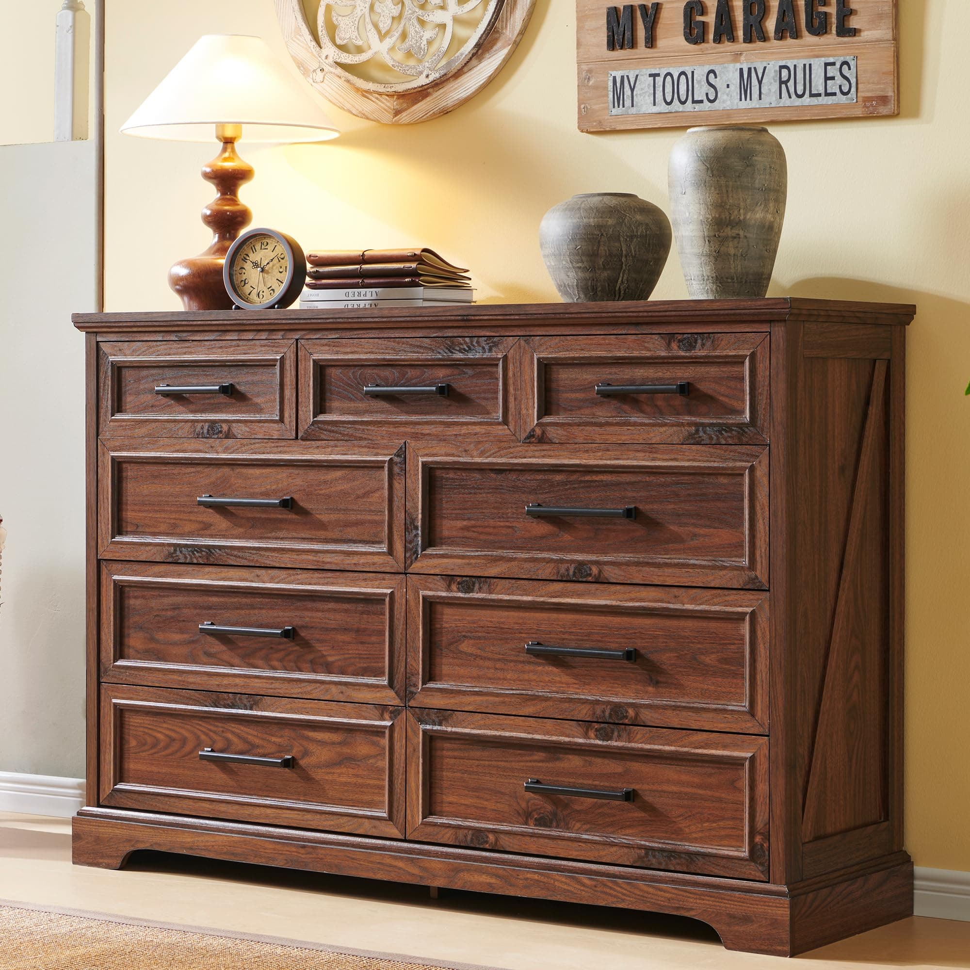 JXQTLINGMU 9 Drawers Dresser for Bedroom, Farmhouse 52'' Wide Dressers & Chests of Drawers w/Roman Column, Large Storage Dressers Organizer for Bedroom Hallway, Brown