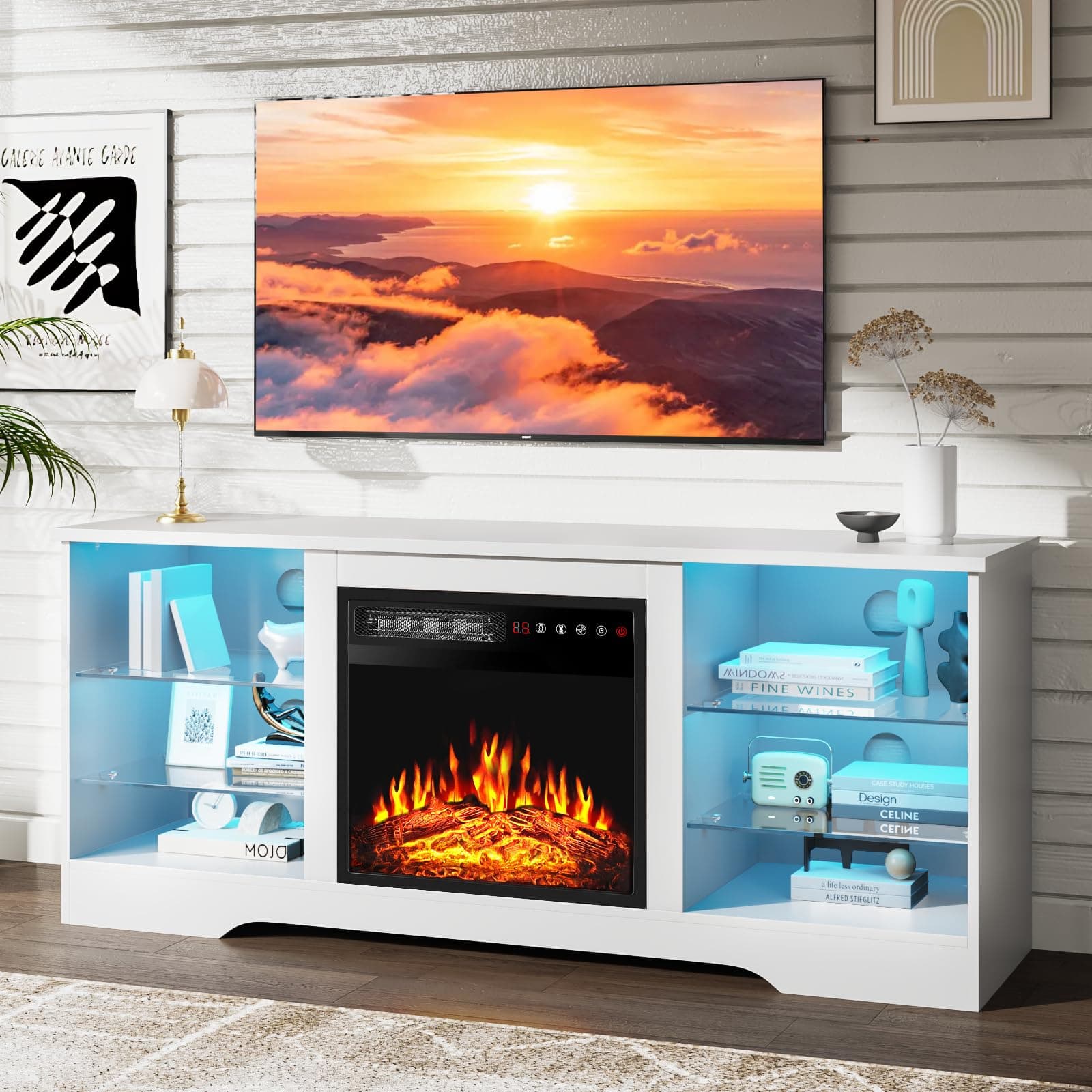PRETZI Fireplace TV Stand with 18" Fireplace Up to 65" TVs, 58" Entertainment Center with LED Lights, TV Media Console with Adjustable Glass Shelves and Storage Cabinets for Living Room, White