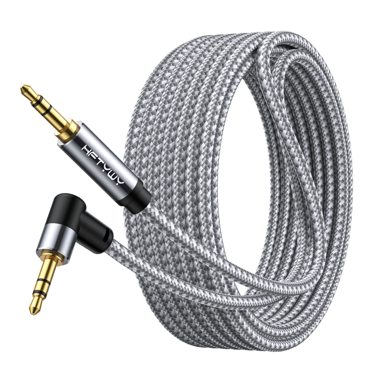 Hftywy 90-Degree Right Angle Aux Cord 4ft, 3.5mm Audio Cable Nylon Braided, Hi-Fi Stereo Sound for Car Stereo, Headphones, Speakers, Desktop Gaming - No Bulk, No Strain
