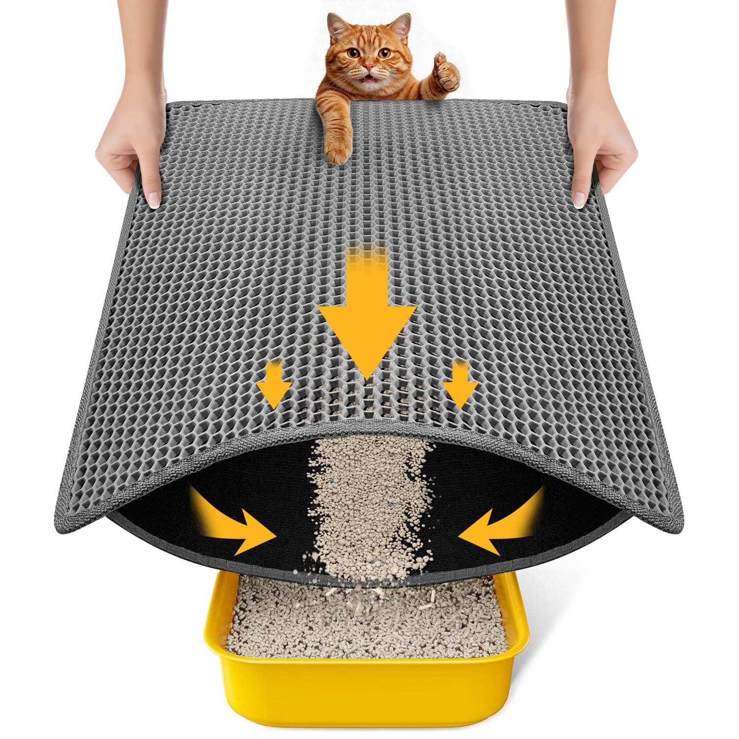 Conlun Cat Litter Mat Trapper, 60x46cm Honeycomb Double Layer Tapis Litiere Chat, Urine & Waterproof Litter Box Mat, Easy to Clean Non-Slip Kitty Matt for Floor, Grey