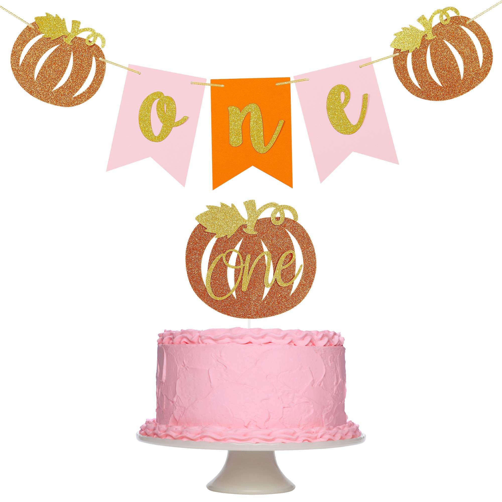 Pink Orange One Banner and One Cake Topper for Thanksgiving Birthday Party Decoations