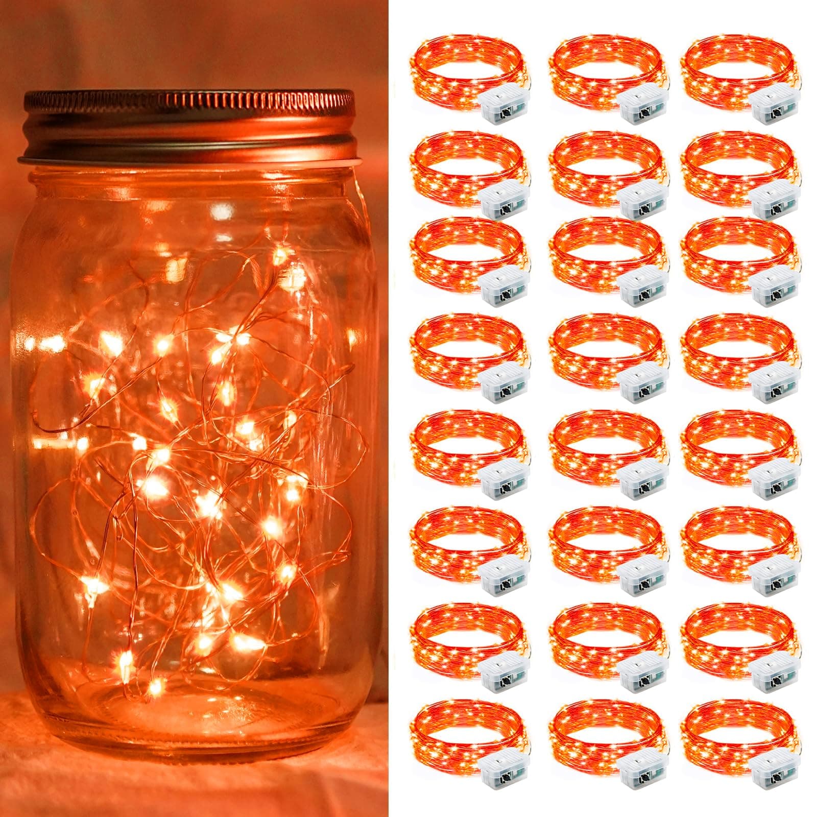 chzk 24 Pack Fairy Lights Battery Operated 7FT 20 LED Mini String Lights with 3 Lighting Modes Waterproof Twinkle Lights for Easter Halloween Christmas Mason Jars Party Decor(Orange)