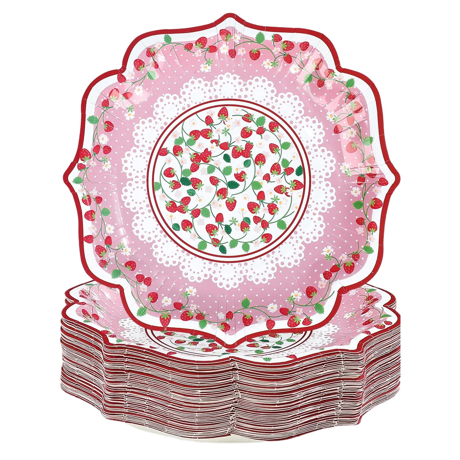 50Pcs Strawberry Paper Plates 8" Pink Strawberry Scalloped Dessert Plates Disposable Lace Berry Floral Party Supplies for Sweet Girls Spring Birthday Baby Shower Wedding Tea Garden Party Decorations