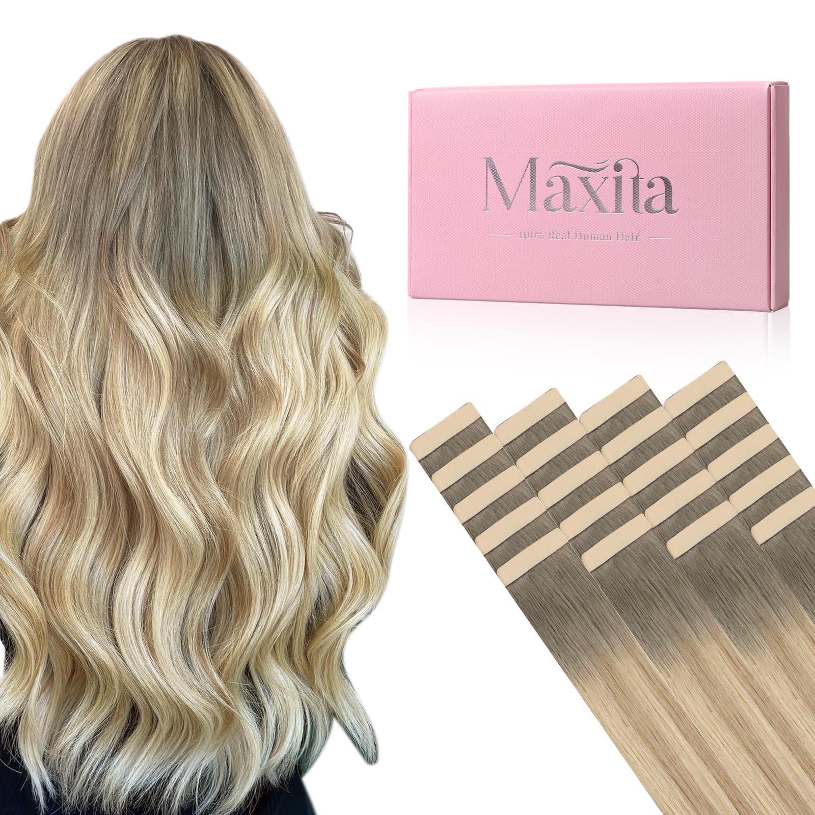 MAXITA Seamless Tape in Hair Extensions Human Hair, 100% Human Tape in Hair Extensions Light Ash Brown to Dirty Brown and Sun Blonde 18 Inch 50g 20pcs,Invisible Seamless Remy Tape for Extensions