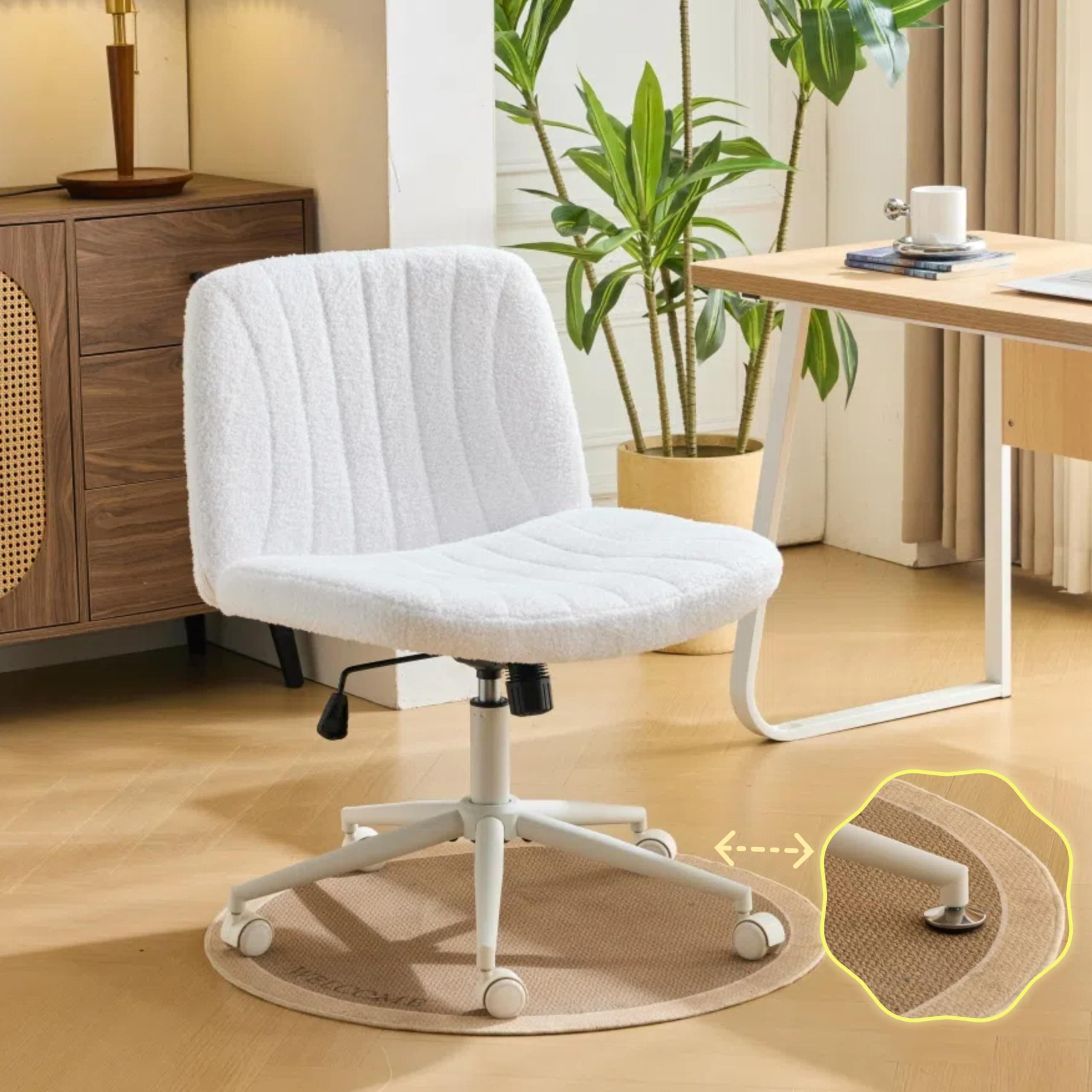 VINGLI Criss Cross Legged Chair,Wide Comfy Office Desk Chair,Dual-Use with/no Wheels Computer Task Chair,Swivel Armless Vanity Boucle Chair for Study,Make Up,Home Office,Teddy Fleece,White