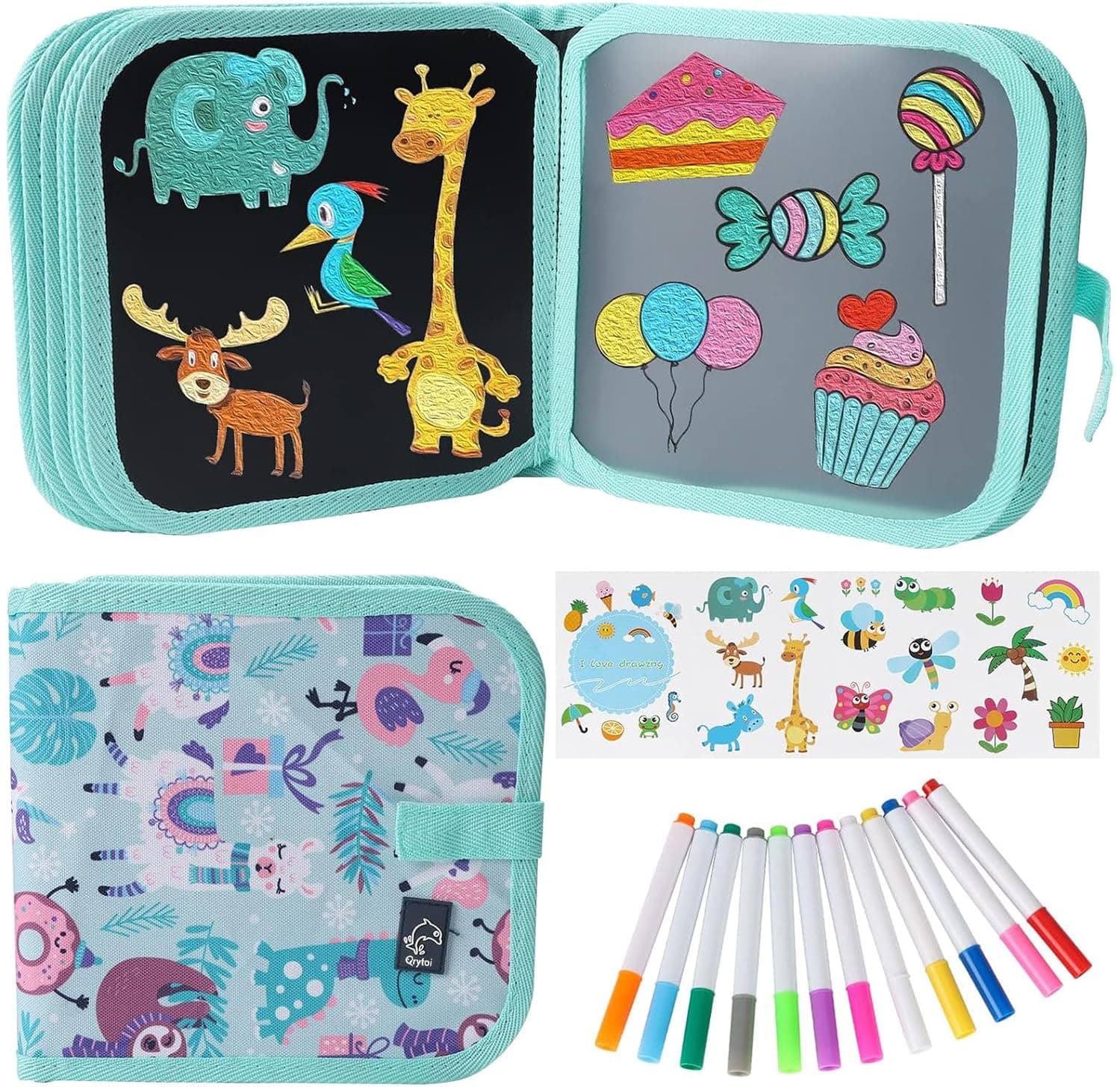Qrytoi Erasable Book Doodle Set for Kids, Reusable Magic Drawing Book for Kids with 12 Watercolor Pens 14 Page Drawing, Road Trip Car Game Writing Painting Set for Boys and Girls (Forest Party)