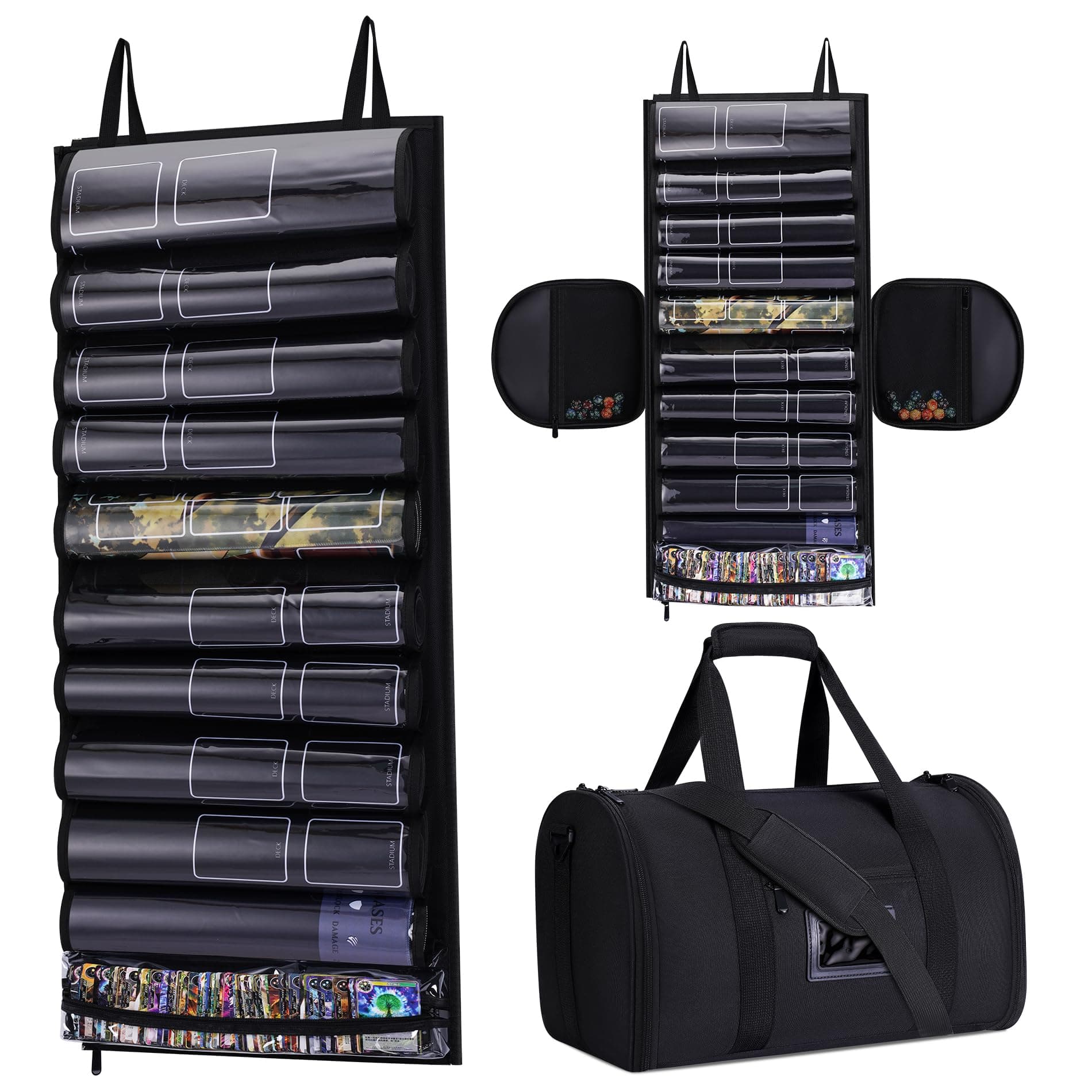 10+1 Playmat Holder, Transparent Portable Playmat Tube Storage Bag for Game Mat and Tubes with 2 Mesh Pockets, Hangable Playmat Case Compatible with TCG/MTG