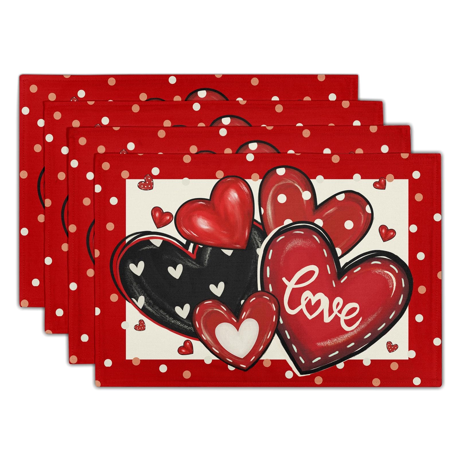 Valentines Day Placemats Set of 6 18x12 Inch Red Heart Love Linen Place Mat Heat-Resistant Washable Wipeable Wedding Anniversary Table Mat for Party Kitchen Dining Home Decor