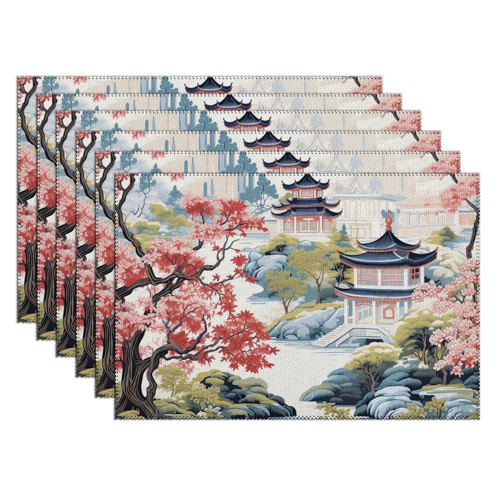 Luckluccy Chinoiserie Pagoda Placemats Set of 6 Chinoiserie Asian Chinese Japanese Placemats Exotic Placemats for Dining Table Kitchen Decoration Washable Non-Slip 12x18 Inch