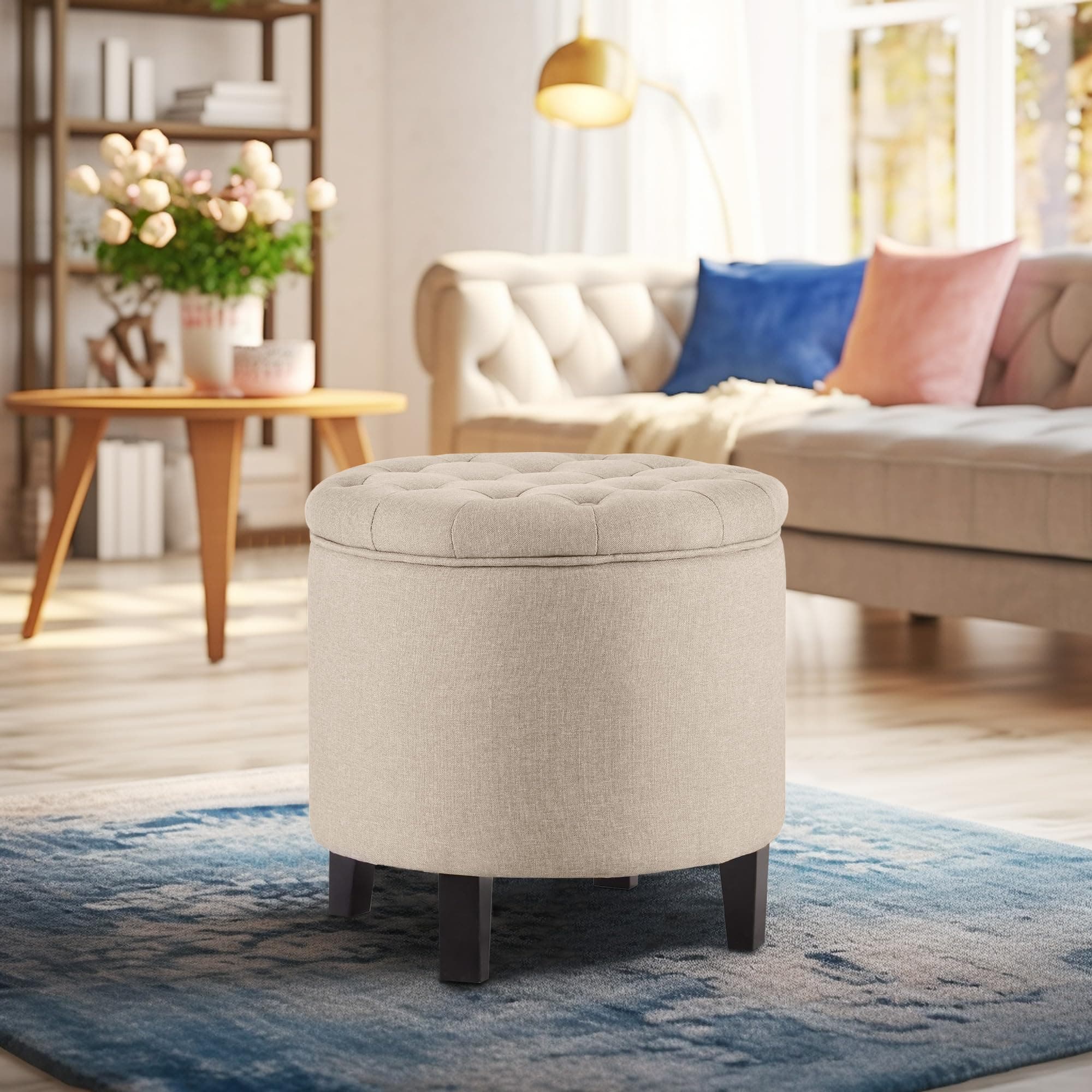 Belleze Modern Button Tufted Accent Storage Ottoman Lift Top Footstool 17-3/4" Round (Beige)