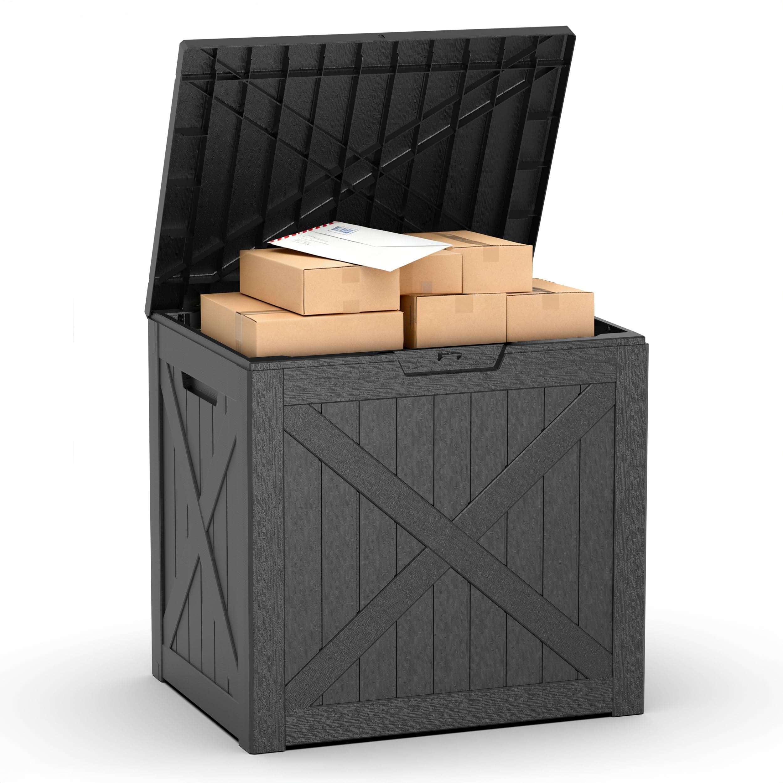 PatioZen 32 Gallon Package Delivery Box, Lockable Outdoor Package Delivery Box with Lid, Waterproof Resin Storage Bench for Patio Furniture, Garden Tools, Cushions, Pool Accessories (Black)